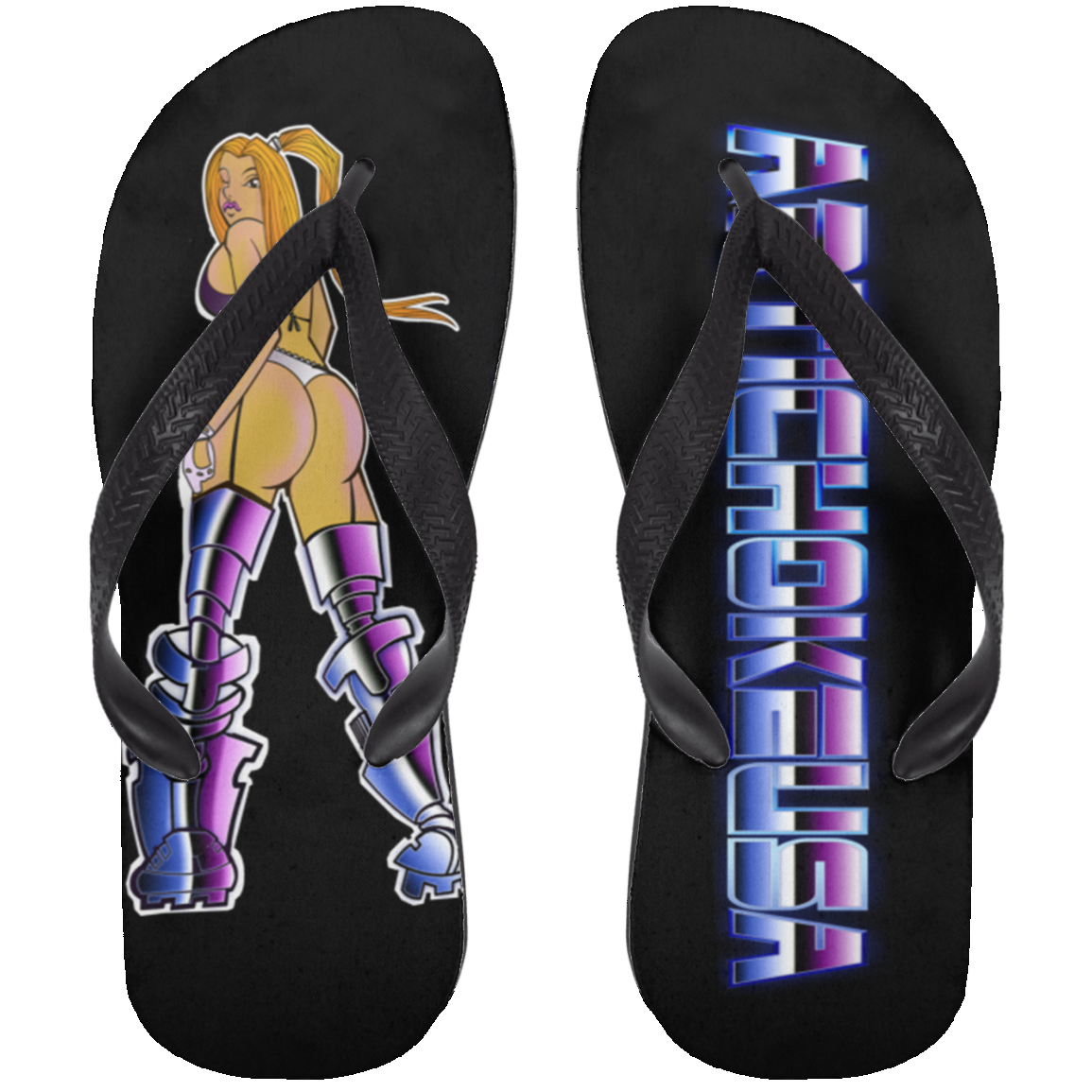 ArtichokeUSA Character and Font design. Let's Create Your Own Team Design Today. Dama de Croma. Adult Flip Flops