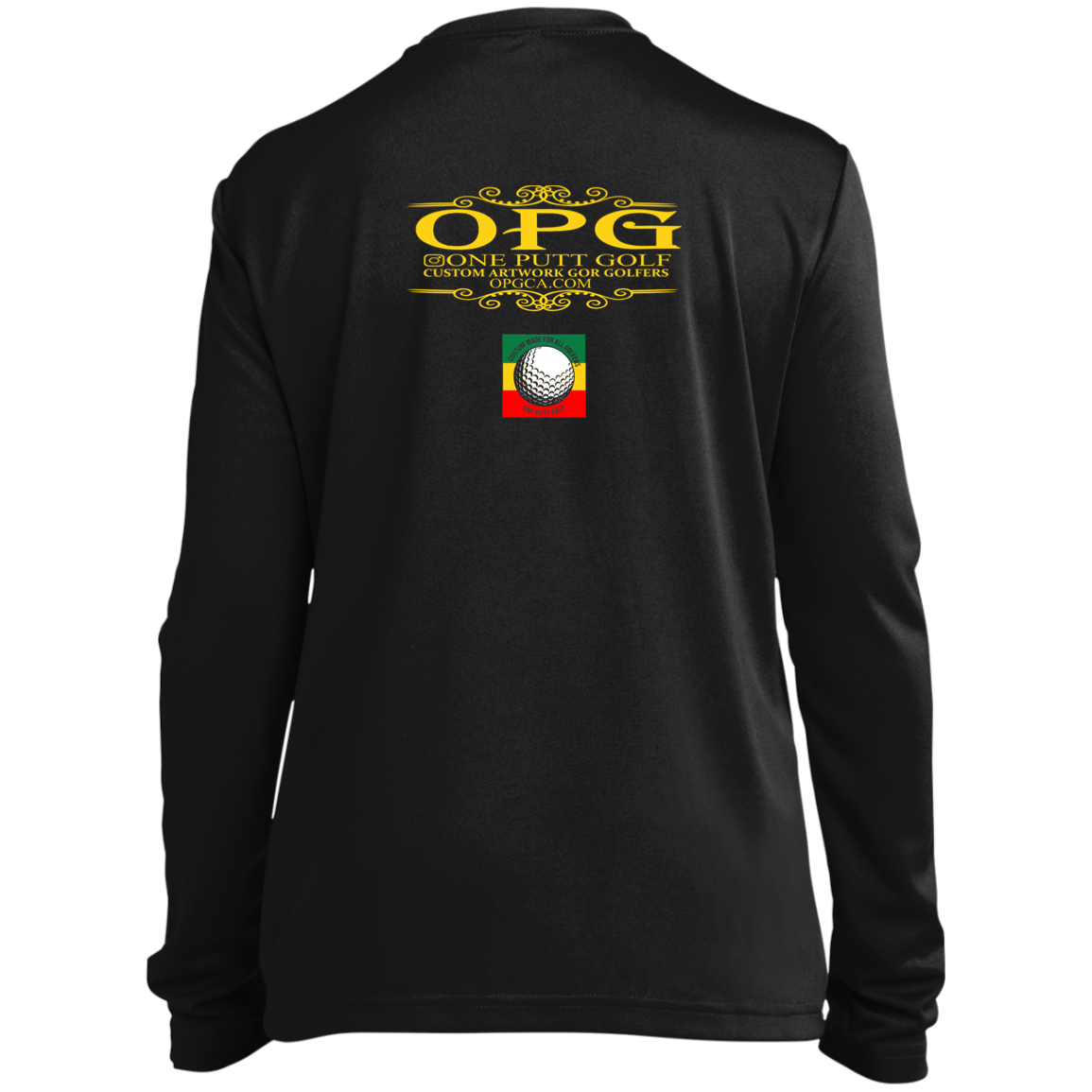 OPG Custom Design #22. One Putt / One Love Parody with Fan Art. Female Edition. Youth 100% Polyester Long Sleeve Tee