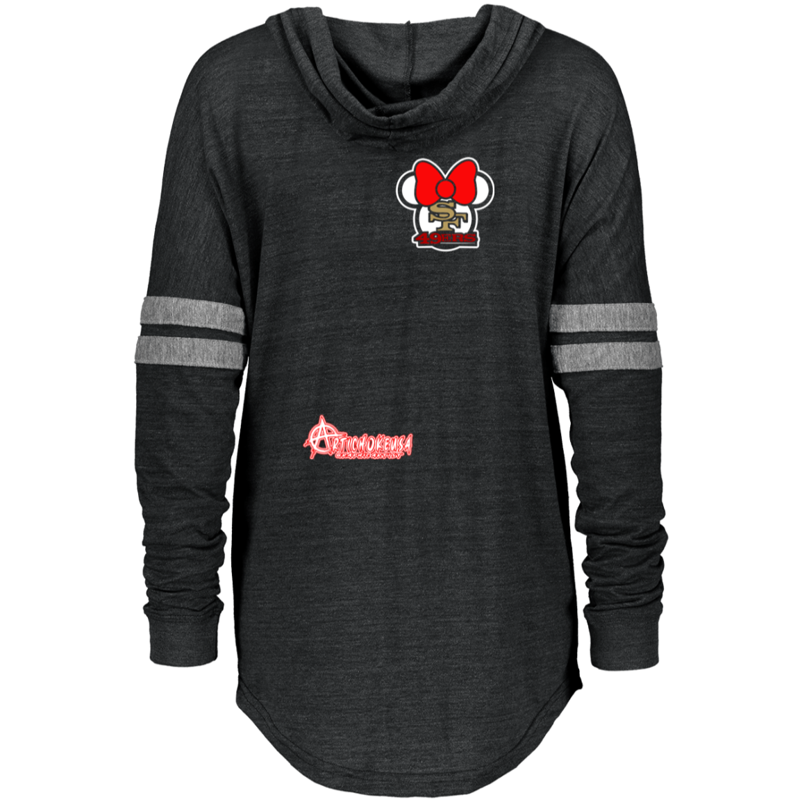 ArtichokeUSA Custom Design #51. These are a few of my favorite things. SF 49ers/Hello Kitty/Mickey Mouse Fan Art. Ladies Hooded Low Key Pullover