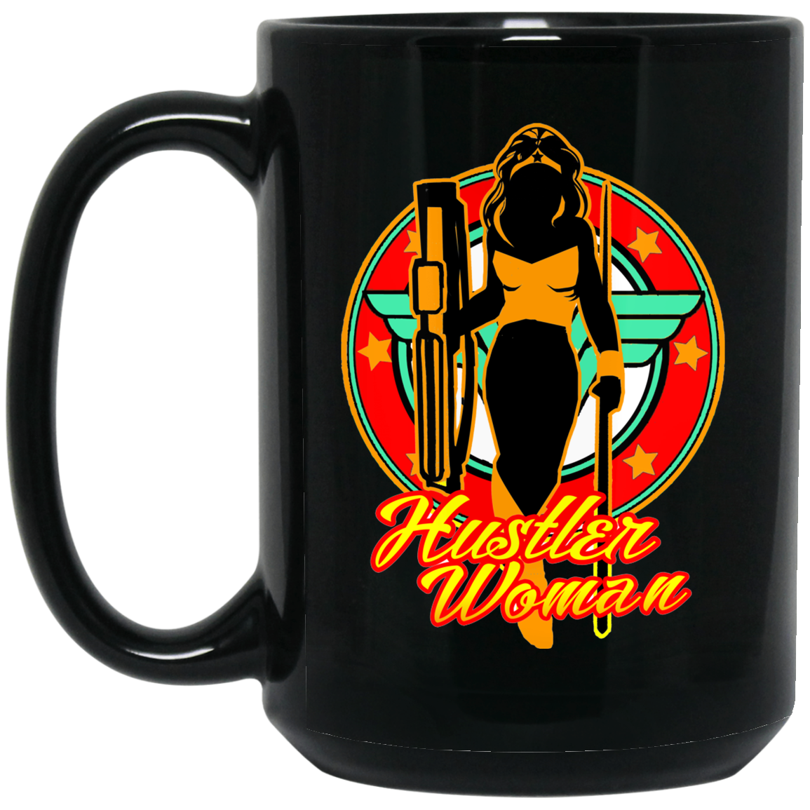 The GHOATS custom design #15. Hustler Woman. Wonder Woman Fan Art Parody. Pool Billiards. 15 oz. Black Mug