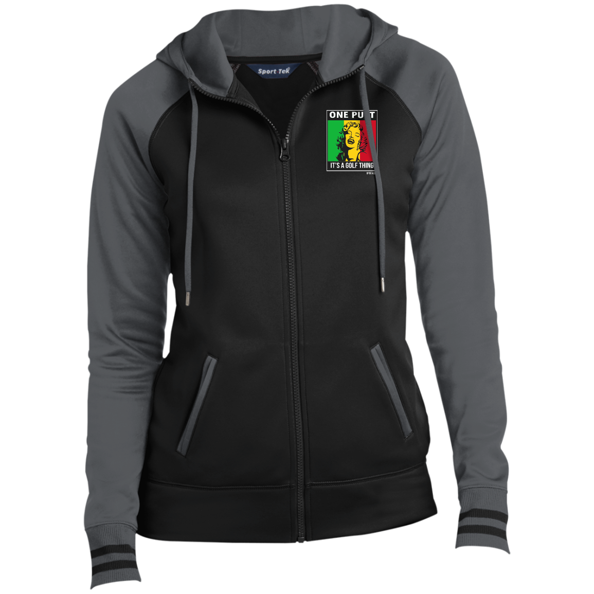 OPG Custom Design #22. One Putt / One Love Parody with Fan Art. Female Edition. Ladies' Sport-Wick® Full-Zip Hooded Jacket