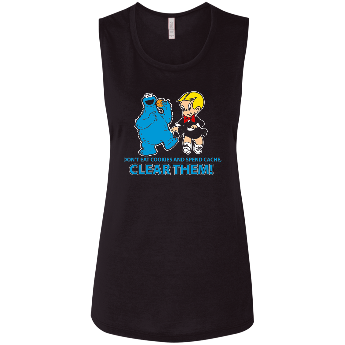 ArtichokeUSA Custom Design. Don't Eat Cookies And Spend Cache! Delete Them! Cookie Monster and Richie Rich Fan Art/Parody. Ladies' Flowy Muscle Tank