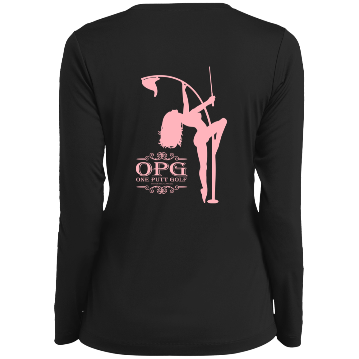 OPG Custom Design #10. Lady on Front / Flag Pole Dancer On Back. Ladies’ Long Sleeve Performance V-Neck Tee