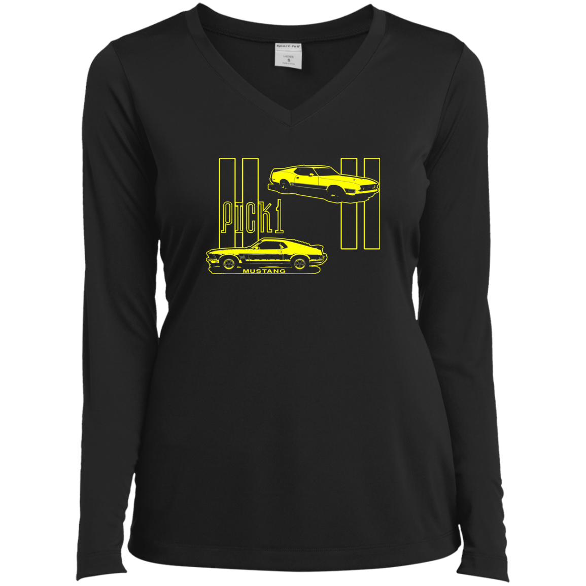 ArtichokeUSA Custom Design. Pick 1 Mustang. Mach 1 Mustang Parody. Cars. Ladies’ Long Sleeve Performance V-Neck Tee