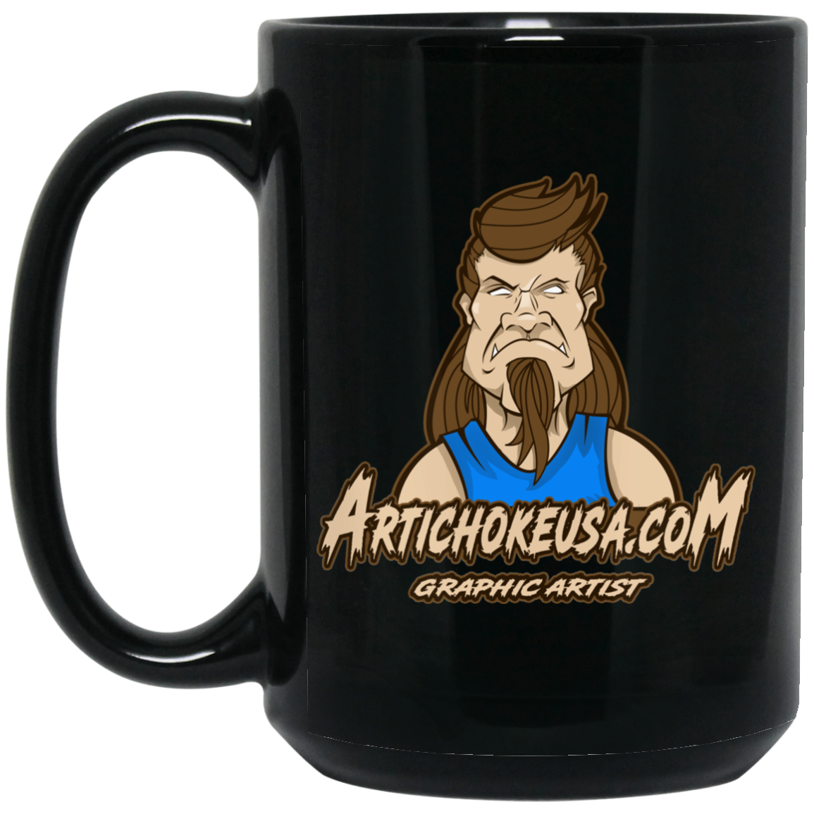 ArtichokeUSA Character and Font design. Let's Create Your Own Team Design Today. Mullet Mike. 15 oz. Black Mug