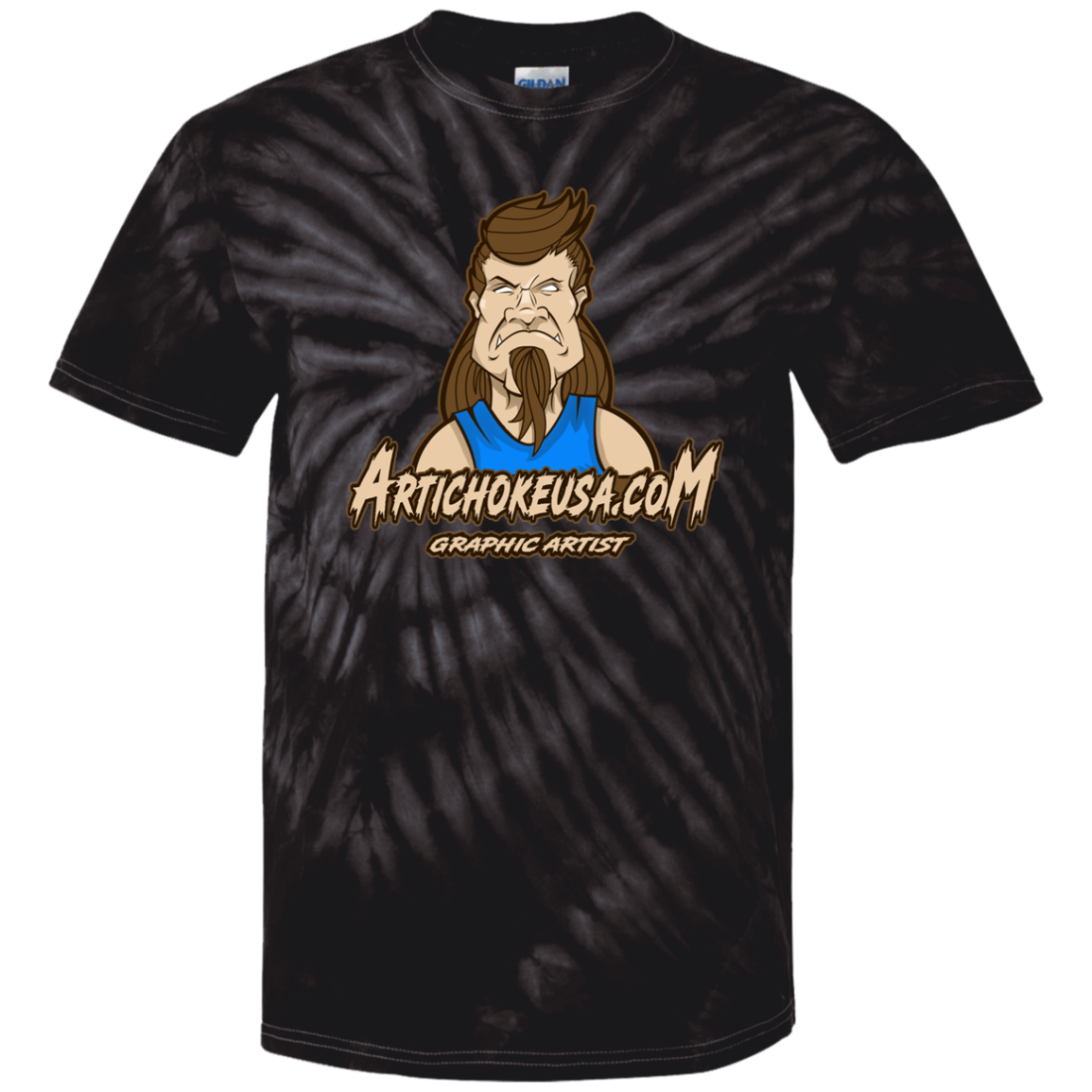ArtichokeUSA Character and Font design. Let's Create Your Own Team Design Today. Mullet Mike. 100% Cotton Tie Dye T-Shirt