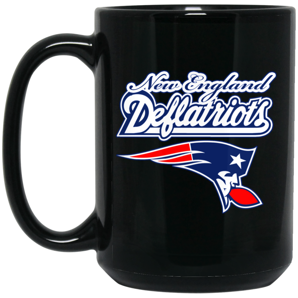 ArtichokeUSA Custom Design. New England Deflatriots. New England Patriots Parody. 15 oz. Black Mug