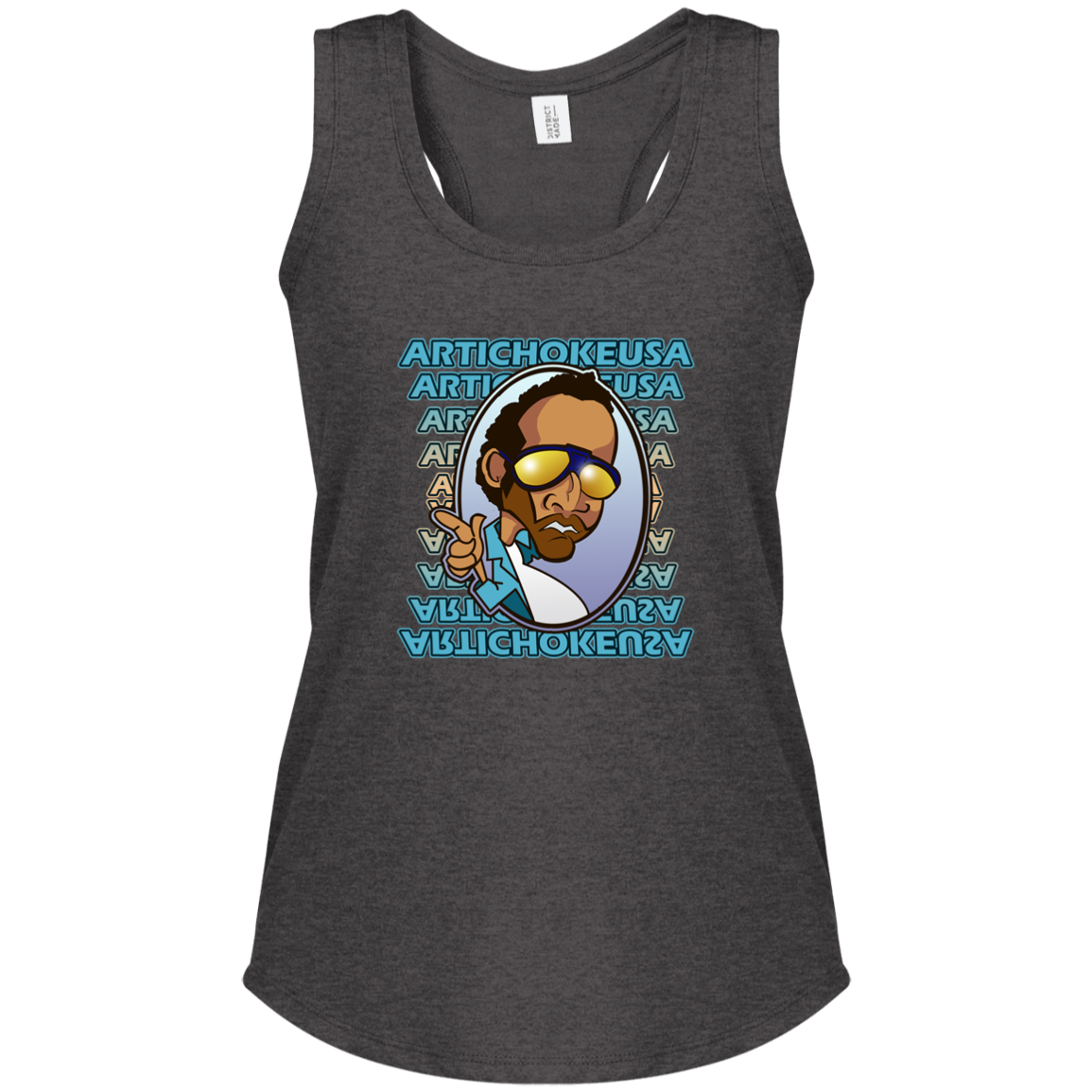 ArtichokeUSA Character and Font design. Let's Create Your Own Team Design Today. My first client Charles. Ladies' Tri Racerback Tank