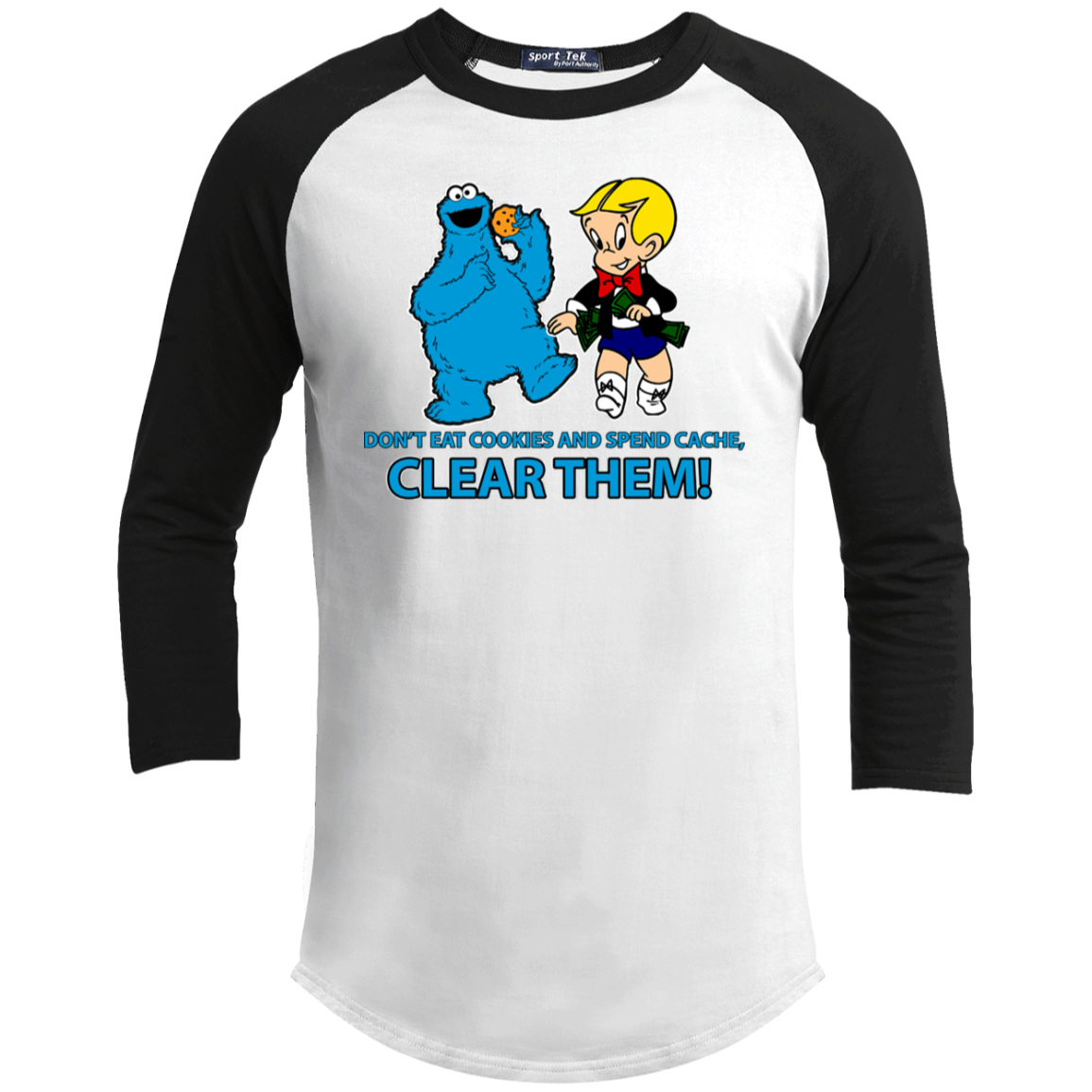 ArtichokeUSA Custom Design. Don't Eat Cookies And Spend Cache! Delete Them! Cookie Monster and Richie Rich Fan Art/Parody. Youth 3/4 Raglan Sleeve Shirt