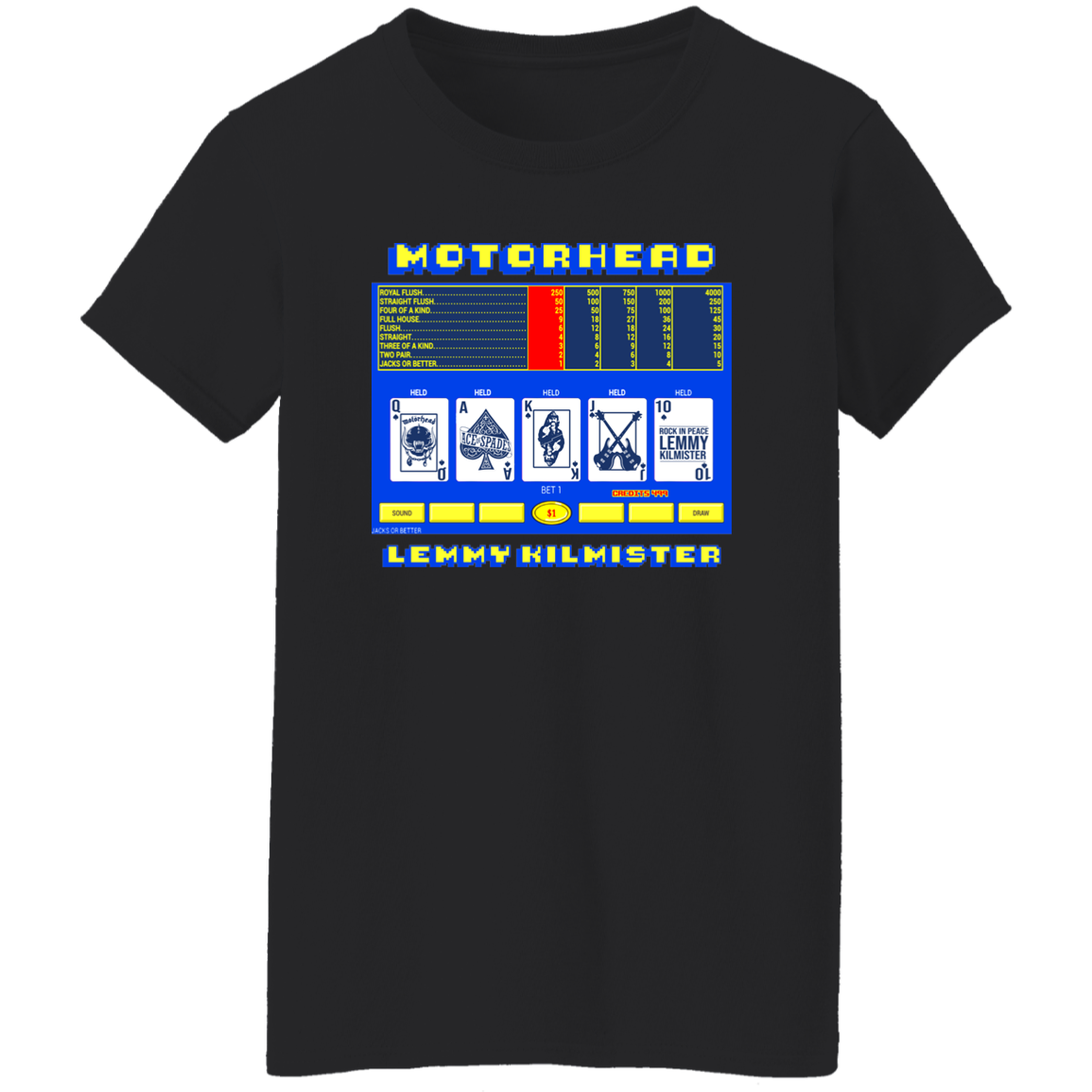 ArtichokeUSA Custom Design. Motorhead's Lemmy Kilmister's Favorite Video Poker Machine. Rock in Peace! Ladies' 5.3 oz. T-Shirt