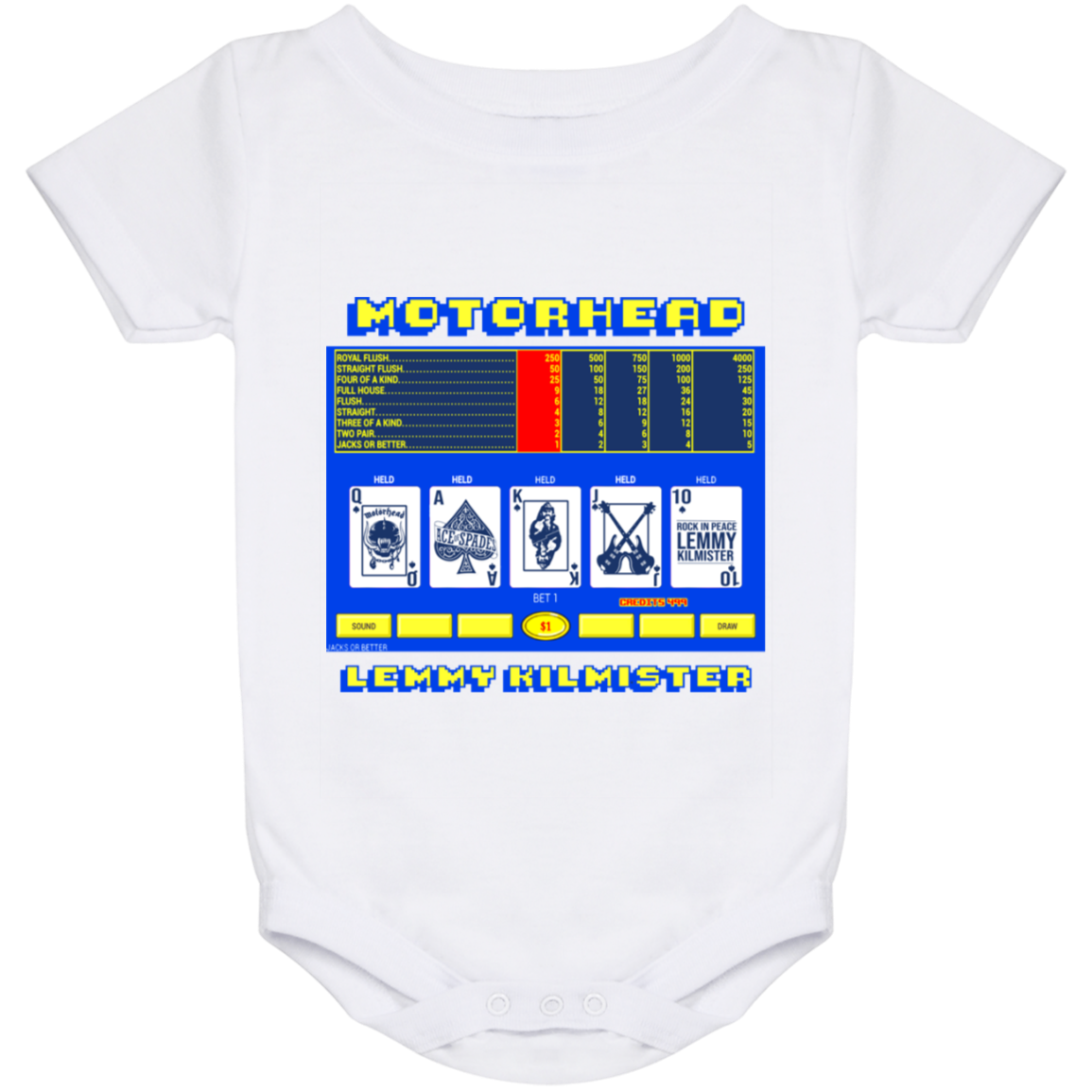 ArtichokeUSA Custom Design. Motorhead's Lemmy Kilmister's Favorite Video Poker Machine. Rock in Peace! Baby Onesie 24 Month