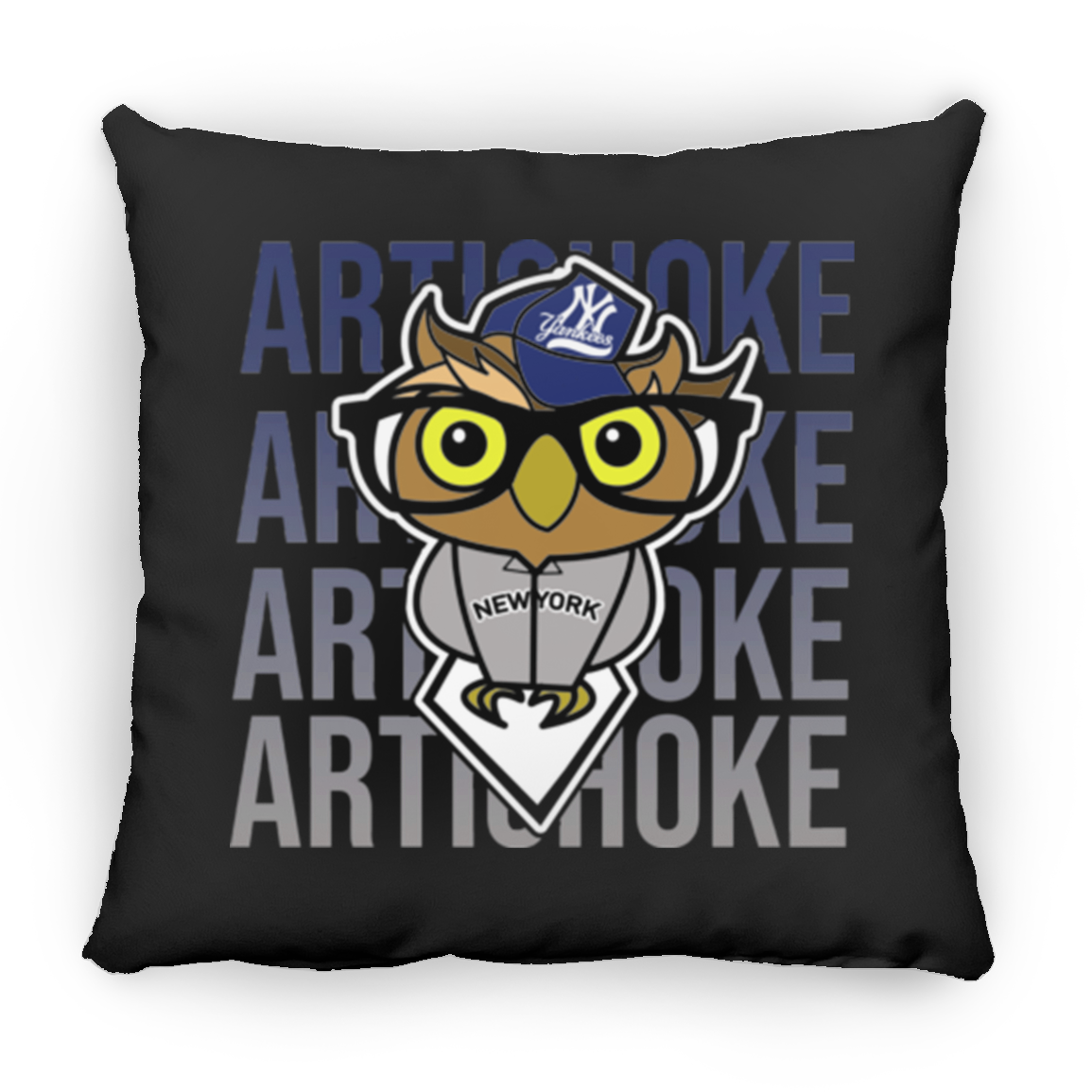 ArtichokeUSA Character and Font design. New York Owl. NY Yankees Fan Art. Let's Create Your Own Team Design Today. Large Square Pillow