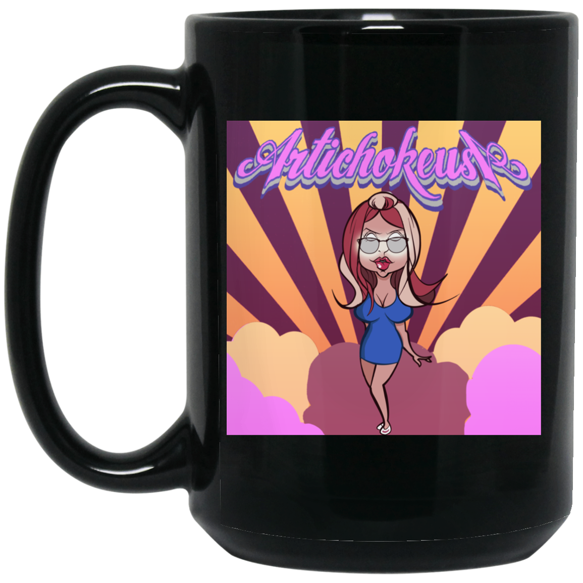 ArtichokeUSA Character and Font Design. Let’s Create Your Own Design Today. Blue Girl. 15 oz. Black Mug