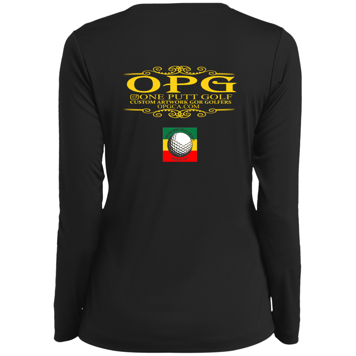 OPG Custom Design #22. One Putt / One Love Parody with Fan Art. Female Edition. Ladies’ Long Sleeve Performance V-Neck Tee