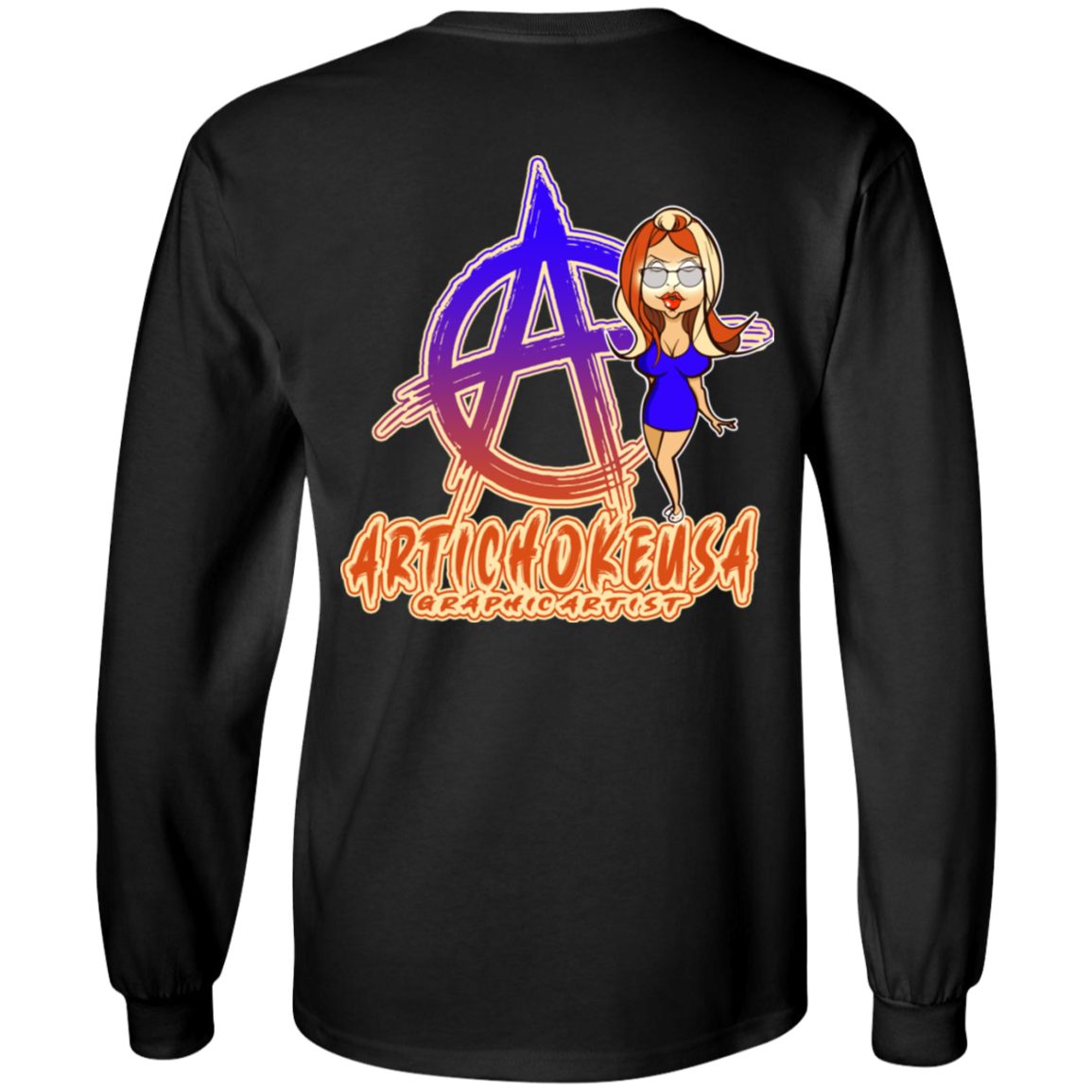 ArtichokeUSA Character and Font Design. Let’s Create Your Own Design Today. Blue Girl. Long Sleeve 100% Cotton T-Shirt