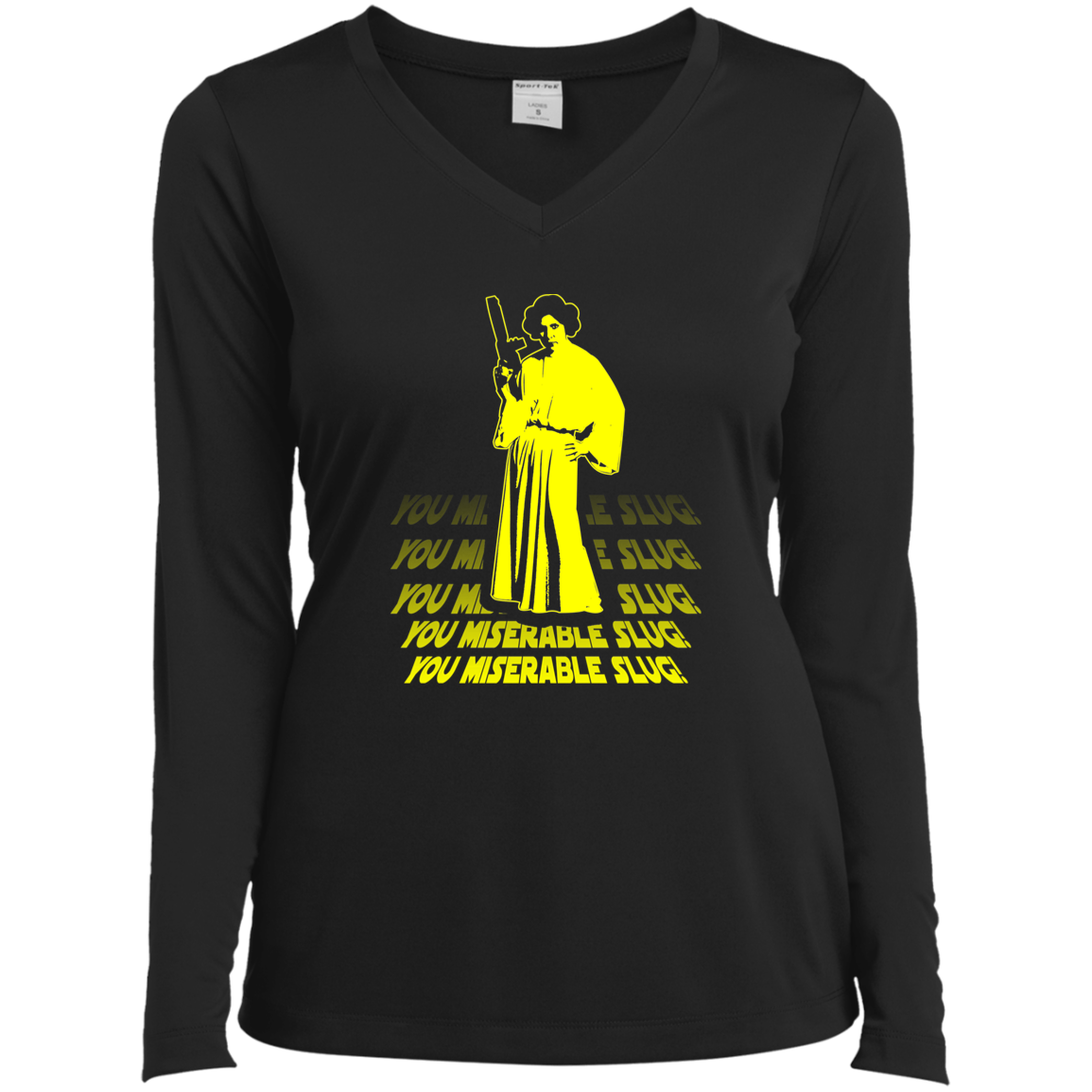 ArtichokeUSA Custom Design. You Miserable Slug. Carrie Fisher Tribute. Star Wars / Blues Brothers Fan Art. Ladies’ Long Sleeve Performance V-Neck Tee