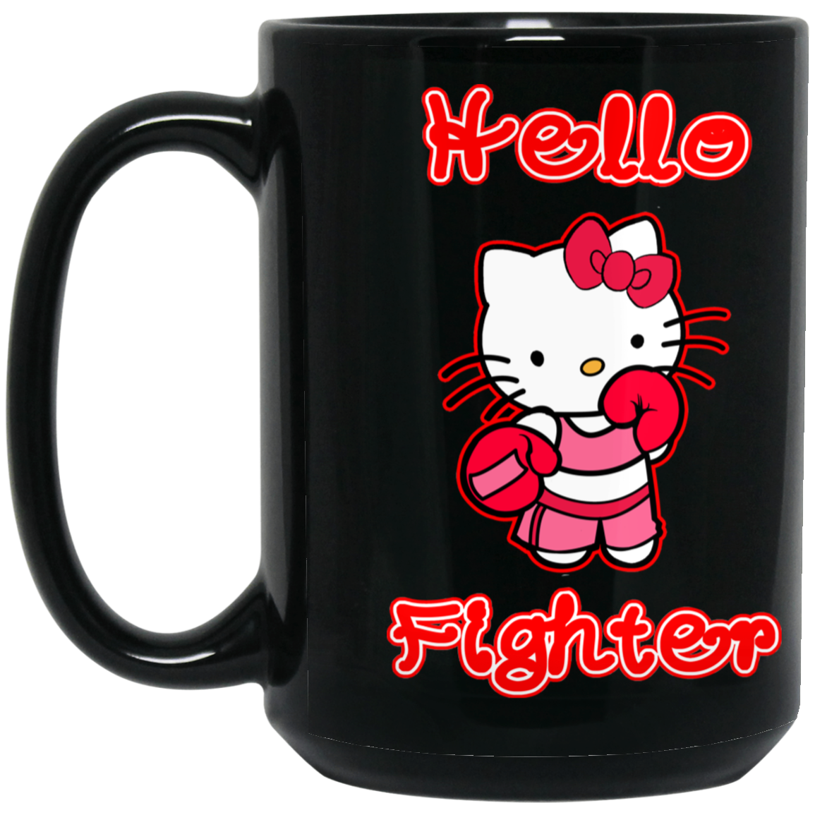 Artichoke Fight Gear Custom Design #13. Hello Fightter. Hello Kitty Parody. MMA. 15 oz. Black Mug