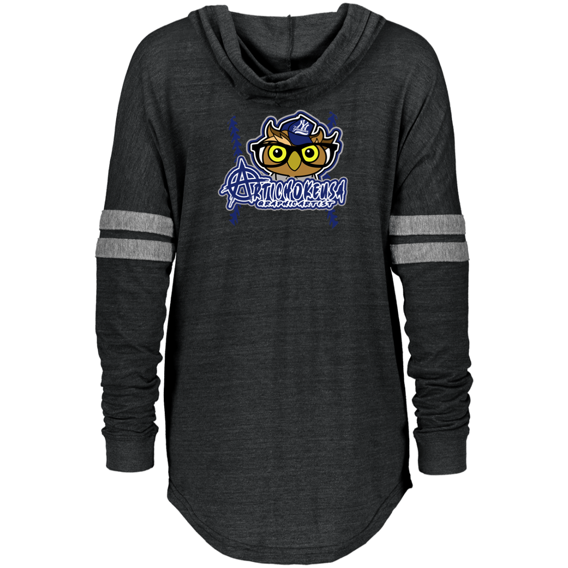 ArtichokeUSA Character and Font design. New York Owl. NY Yankees Fan Art. Let's Create Your Own Team Design Today. Ladies Hooded Pullover
