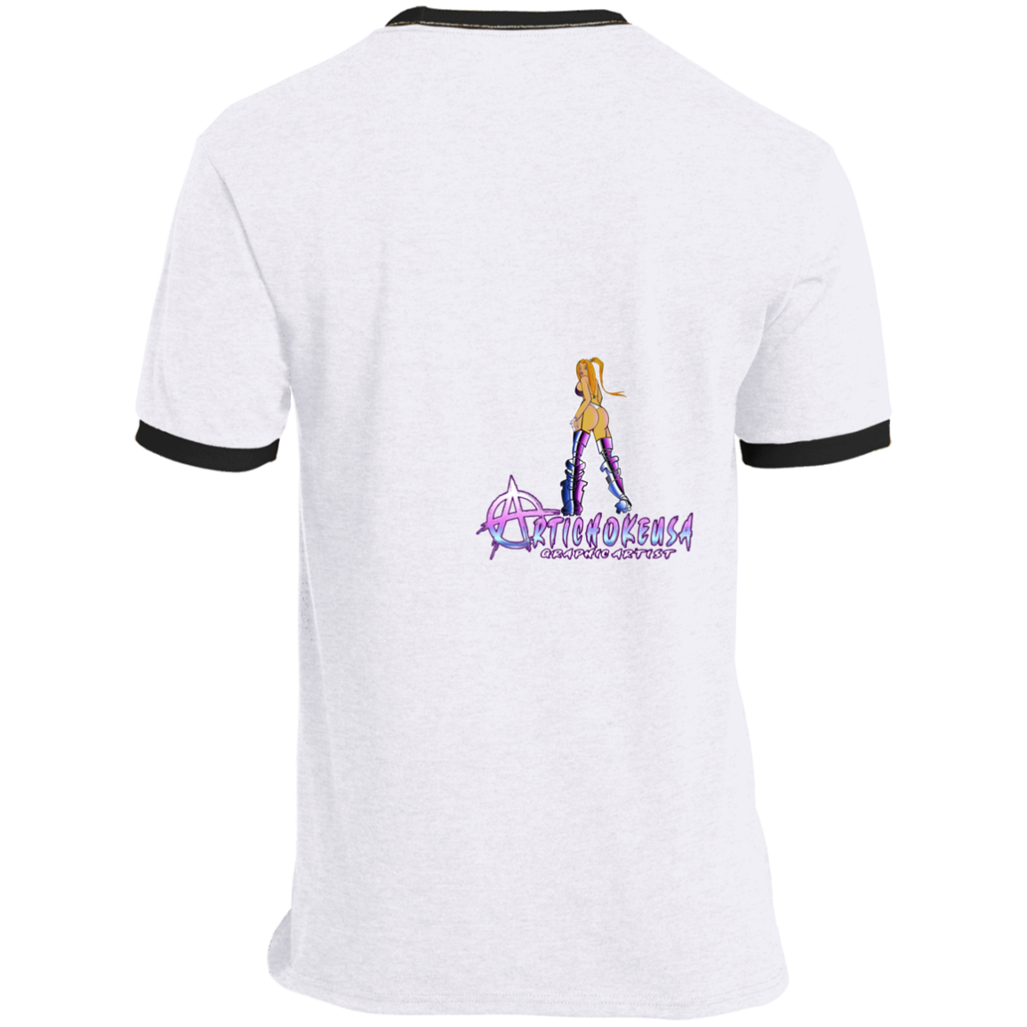 ArtichokeUSA Character and Font design. Let's Create Your Own Team Design Today. Dama de Croma. Ringer Tee