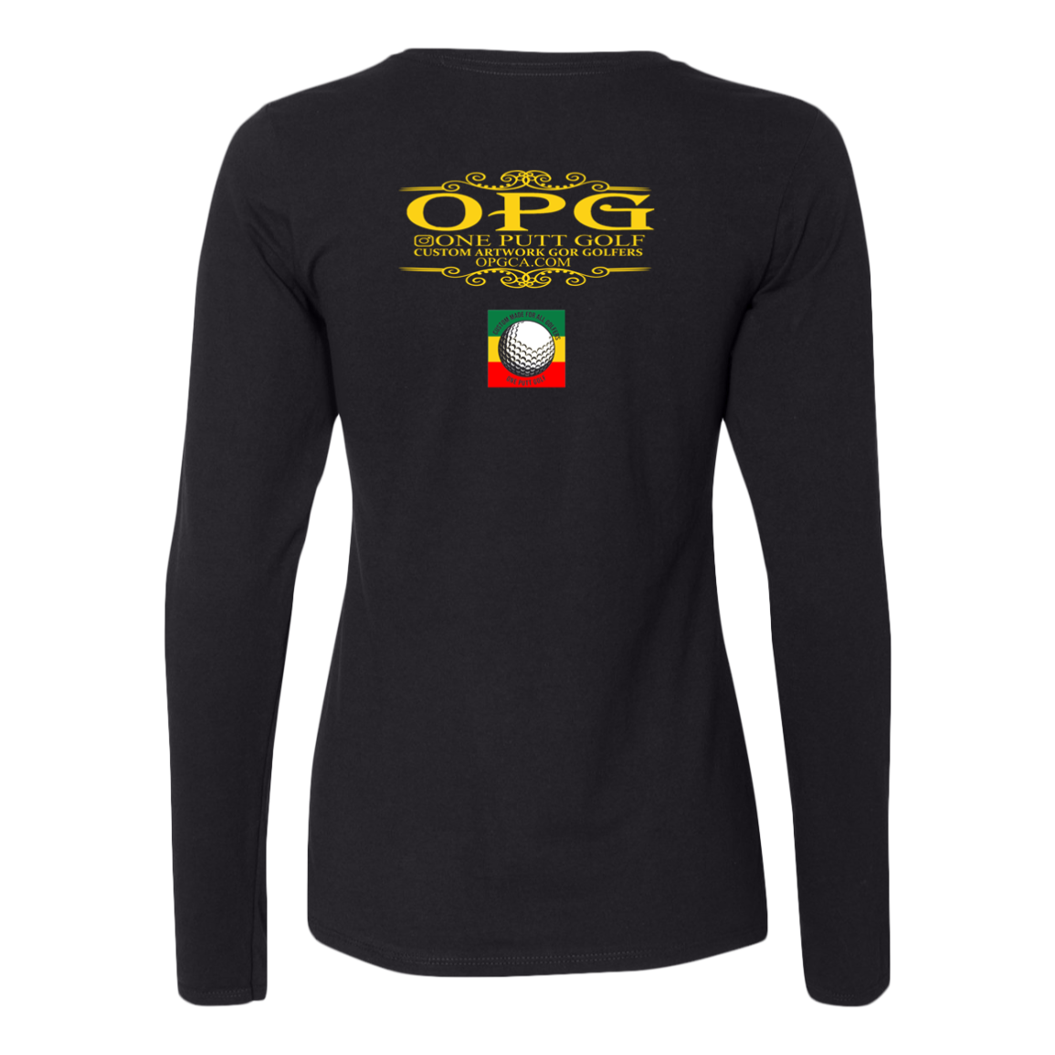 OPG Custom Design #22. One Putt / One Love Parody with Fan Art. Female Edition. Ladies’ Essential Dri-Power Long Sleeve Tee