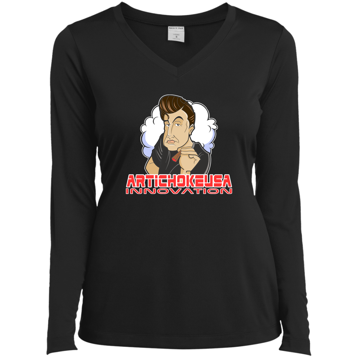 ArtichokeUSA Custom Design. Innovation. Elon Musk Parody Fan Art. Ladies’ Long Sleeve Performance V-Neck Tee