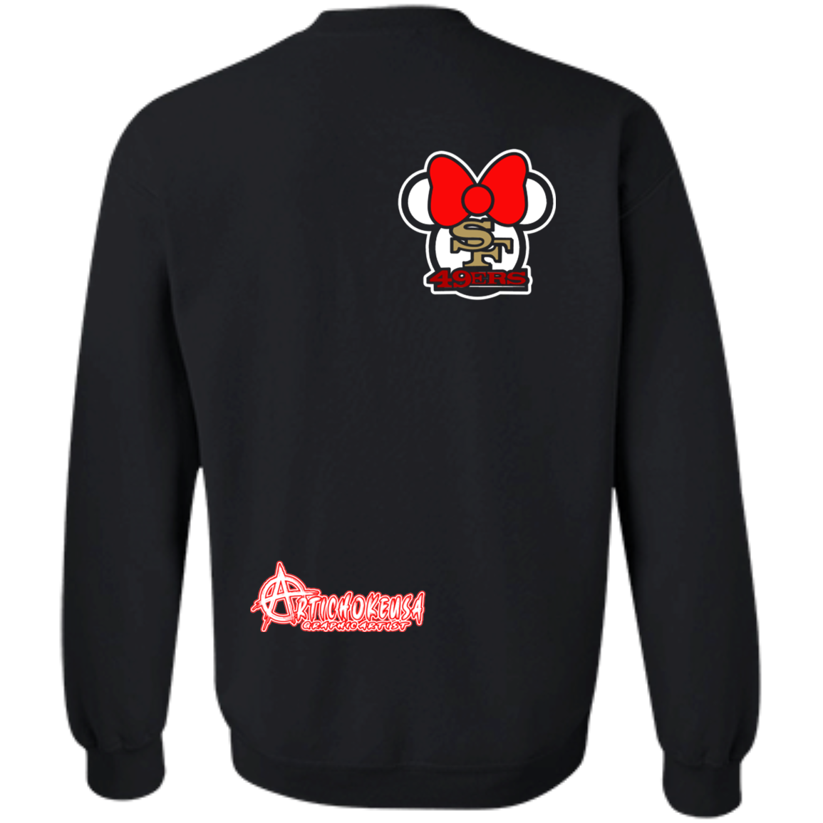 ArtichokeUSA Custom Design #51. These are a few of my favorite things. SF 49ers/Hello Kitty/Mickey Mouse Fan Art. Crewneck Pullover Sweatshirt