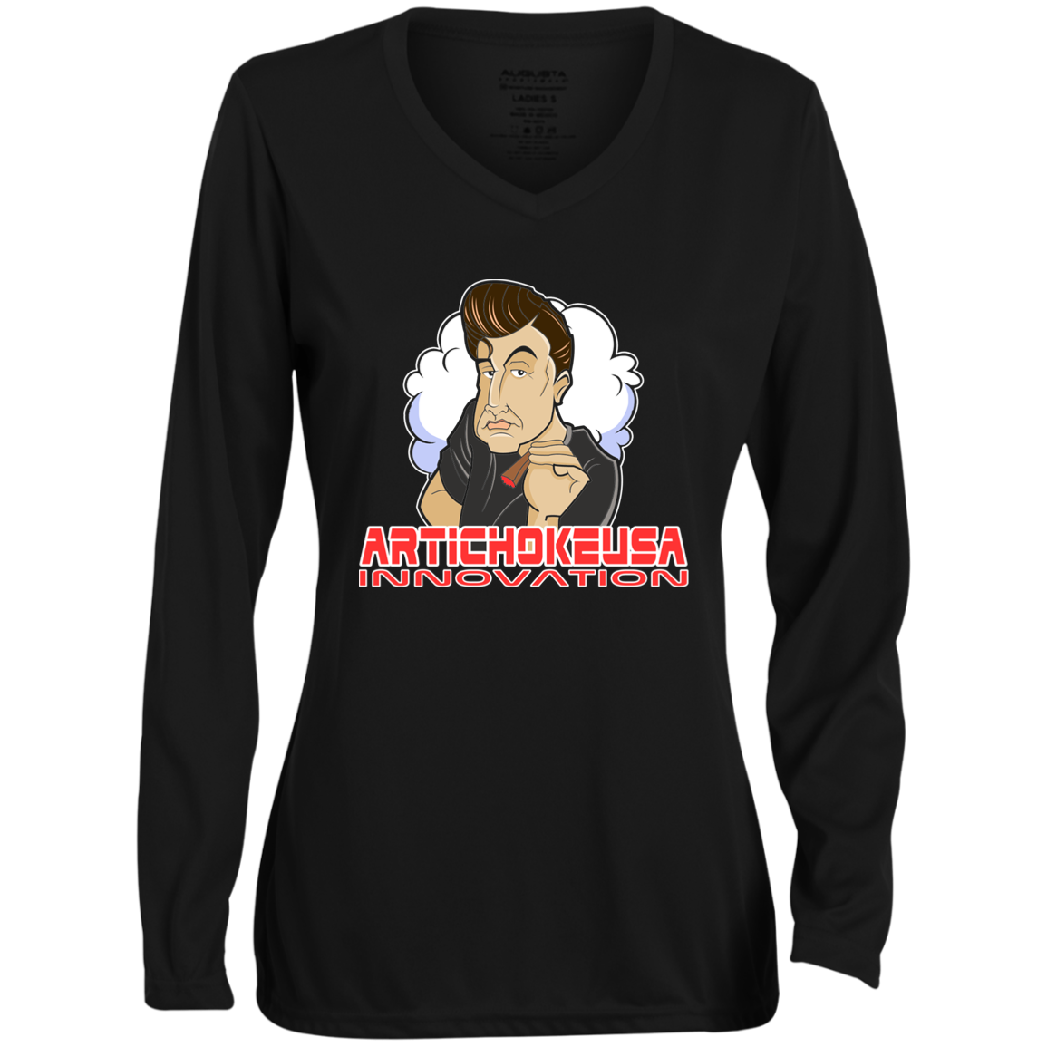 ArtichokeUSA Custom Design. Innovation. Elon Musk Parody Fan Art. Ladies' Moisture-Wicking Long Sleeve V-Neck Tee