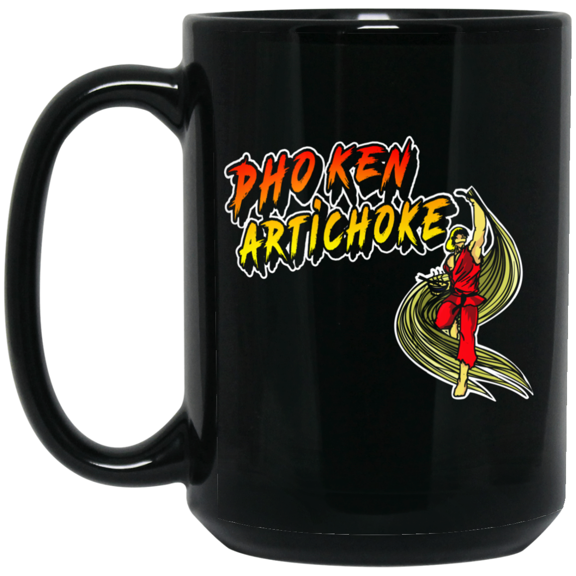 ArtichokeUSA Custom Design. Pho Ken Artichoke. Street Fighter Parody. Gaming. 15 oz. Black Mug