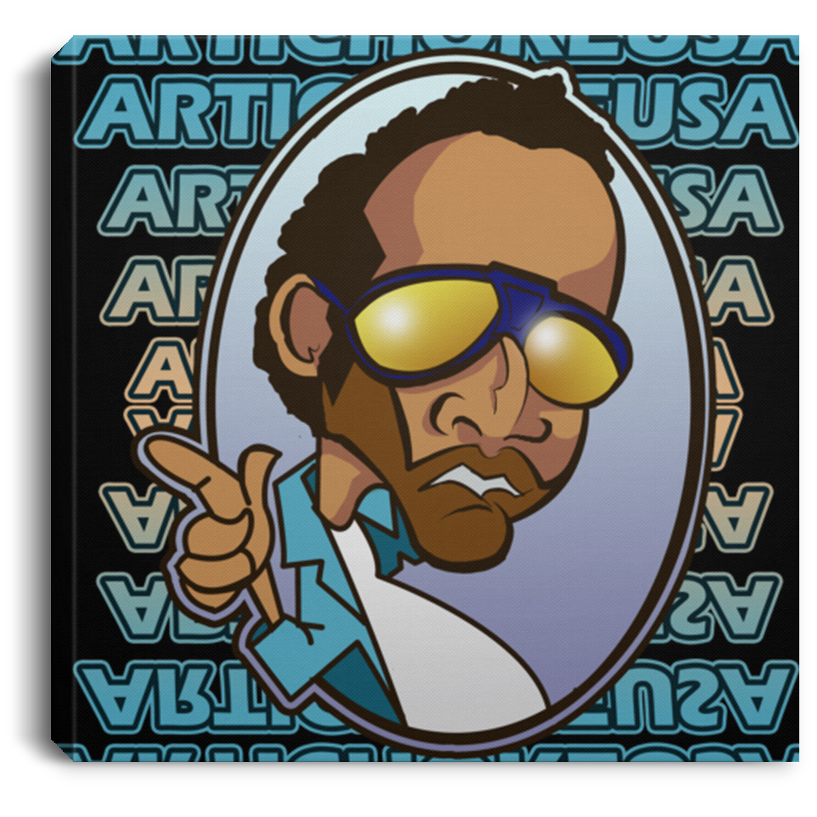 ArtichokeUSA Character and Font design. Let's Create Your Own Team Design Today. My first client Charles. Square Canvas .75in Frame