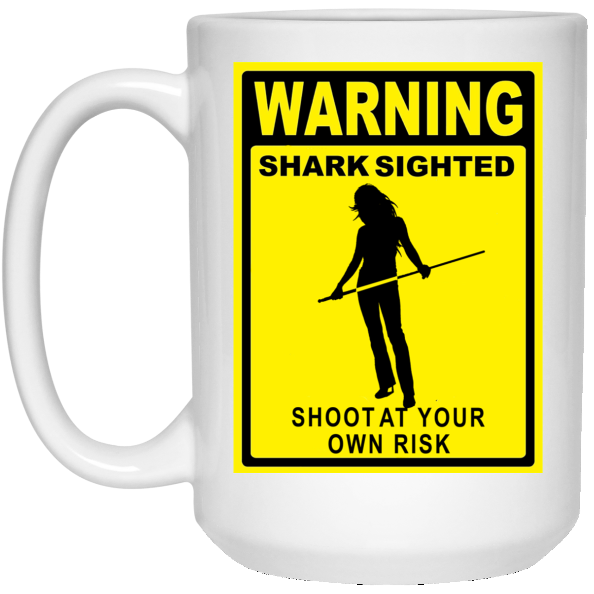 The GHOATS custom design #36. Shark Sighted. Female Pool Shark. Shoot At Your Own Risk. Pool / Billiards. 15 oz. White Mug