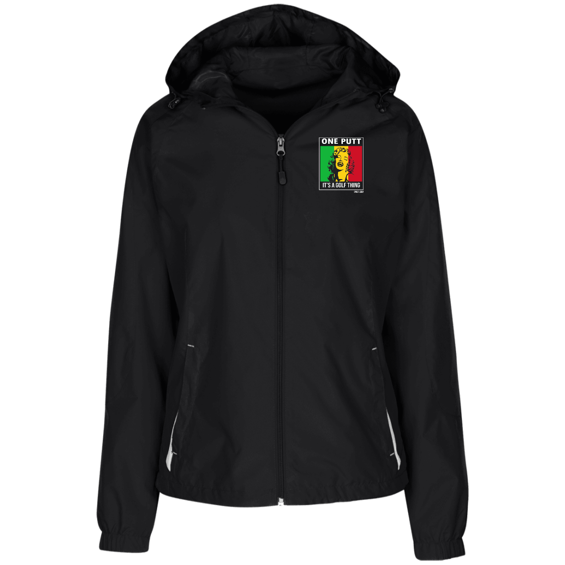 OPG Custom Design #22. One Putt / One Love Parody with Fan Art. Female Edition. Ladies' Jersey-Lined Hooded Windbreaker