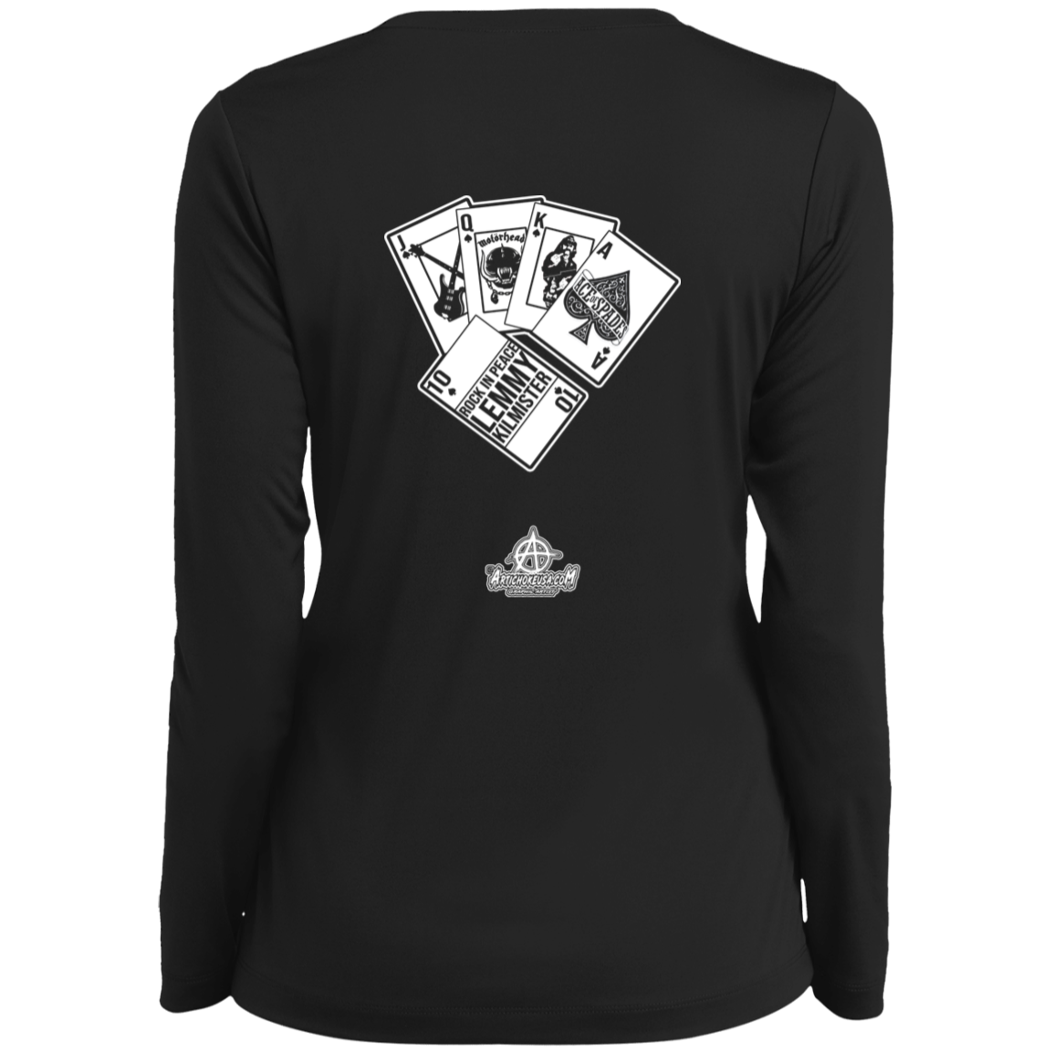 ArtichokeUSA Custom Design. Lemmy Kilmister "Ace of Spades" Tribute Fan Art Version 2 of 2. Ladies’ Long Sleeve Performance V-Neck Tee