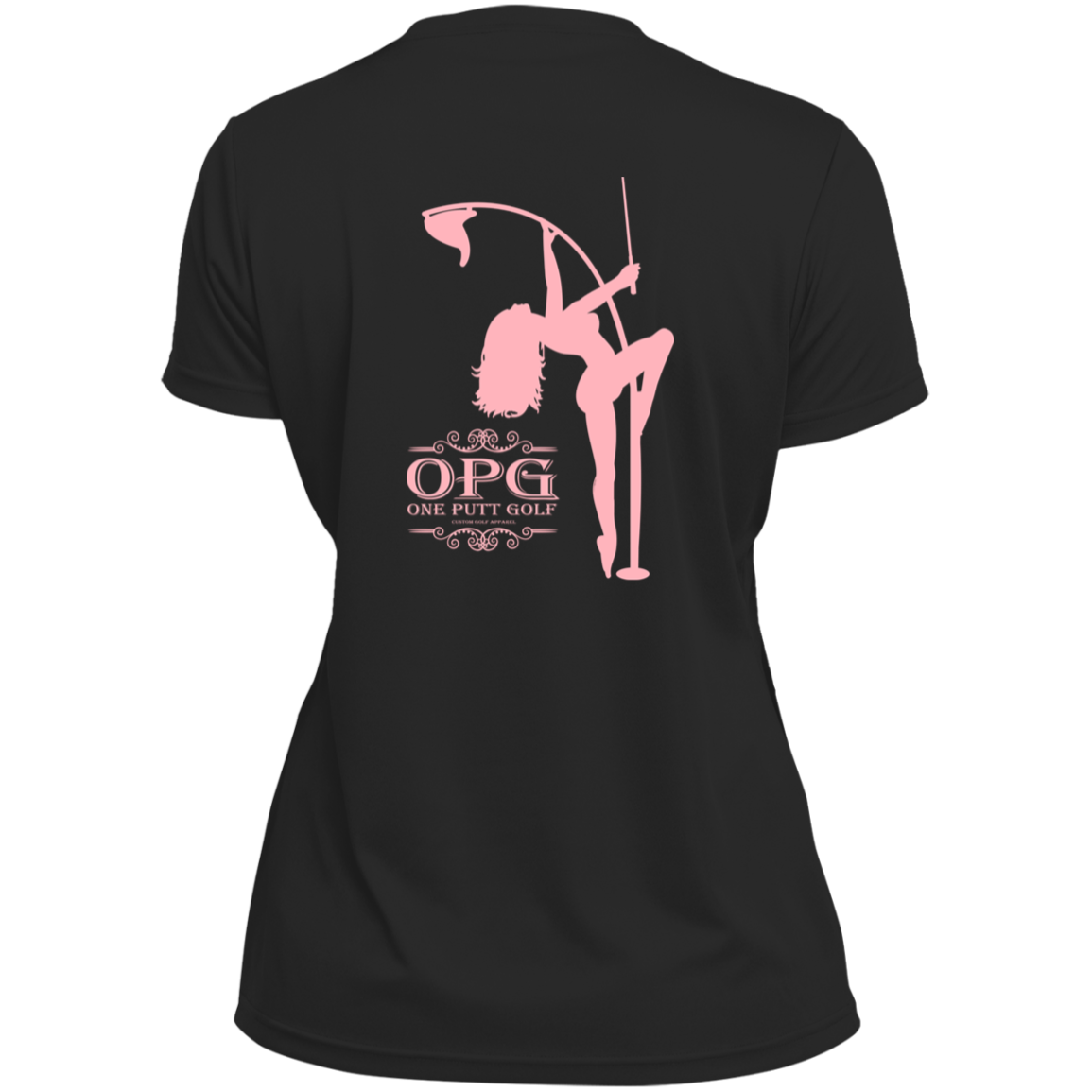 OPG Custom Design #10. Lady on Front / Flag Pole Dancer On Back. Ladies’ 100% polyester V-Neck Tee