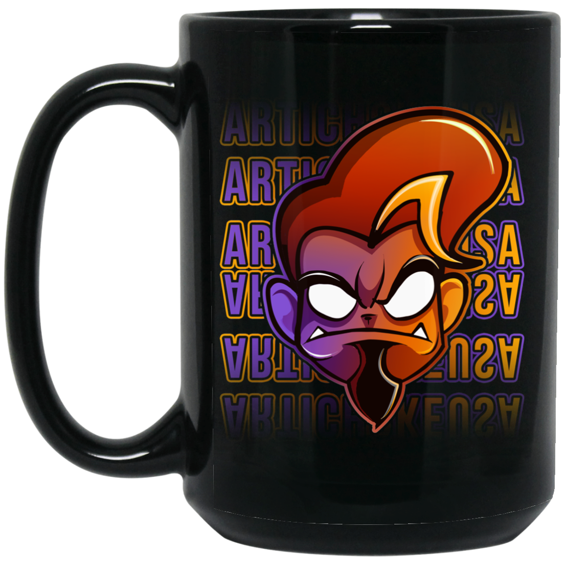 ArtichokeUSA Character and Font design. Let's Create Your Own Team Design Today. Arthur. 15 oz. Black Mug