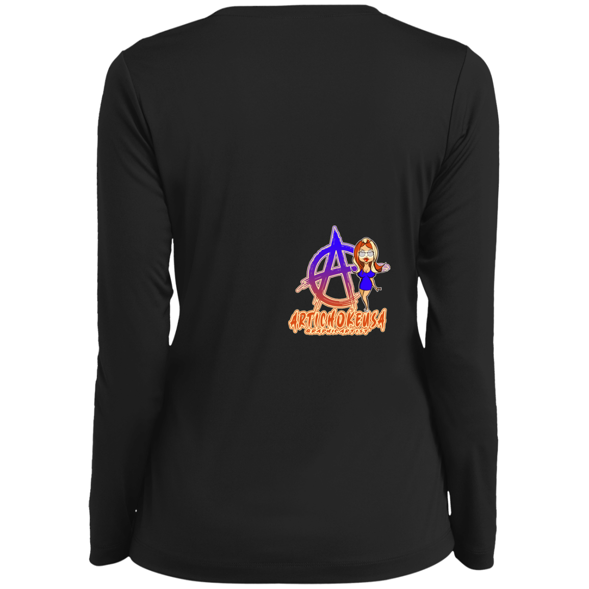 ArtichokeUSA Character and Font Design. Let’s Create Your Own Design Today. Blue Girl. Ladies’ Long Sleeve Performance V-Neck Tee