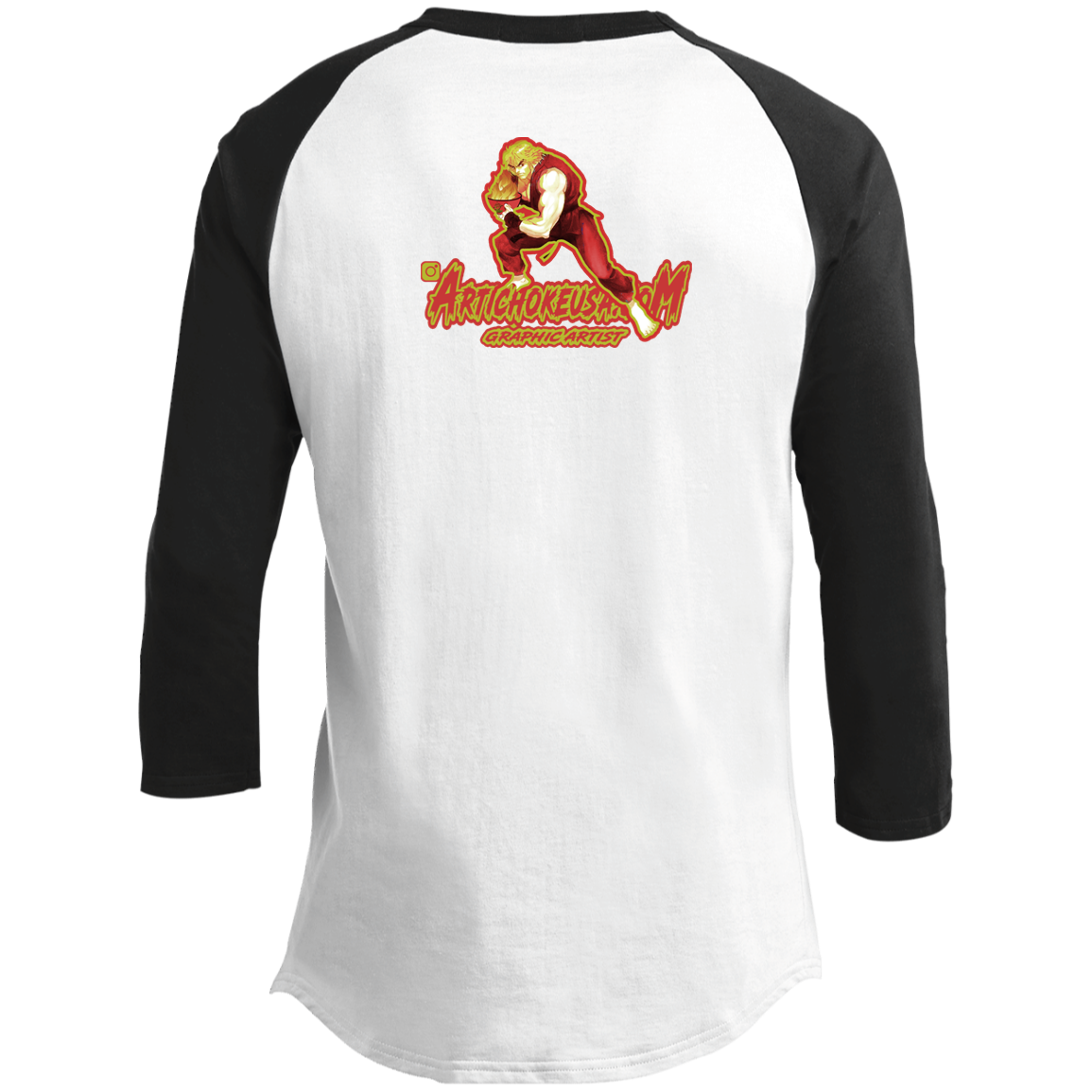 ArtichokeUSA Custom Design. Pho Ken Artichoke. Street Fighter Parody. Gaming. 3/4 Raglan Sleeve Shirt