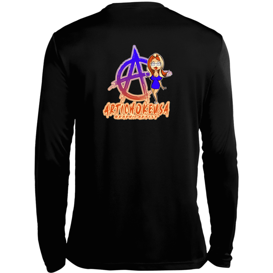 ArtichokeUSA Character and Font Design. Let’s Create Your Own Design Today. Blue Girl. Long Sleeve Moisture-Wicking Tee