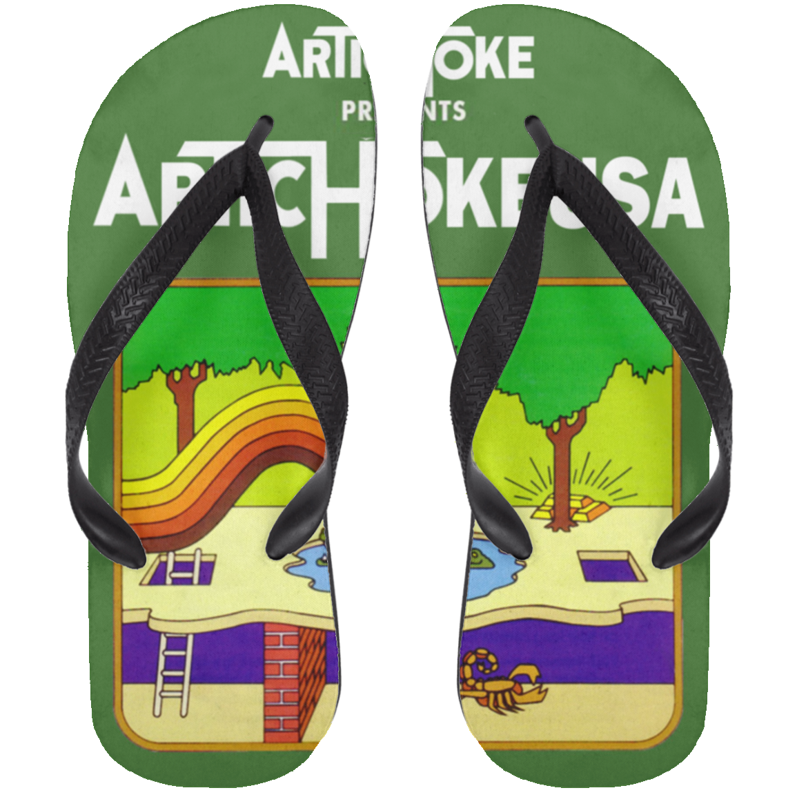 ArtichokeUSA Custom Design. Pitfall Game. Activision Parody. Ladies' Soft Style Hoodie Adult Flip Flops