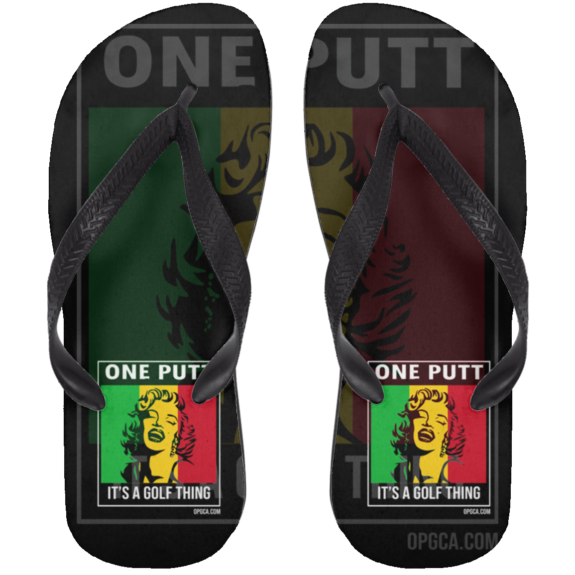 OPG Custom Design #22. One Putt / One Love Parody with Fan Art. Female Edition. Adult Flip Flops