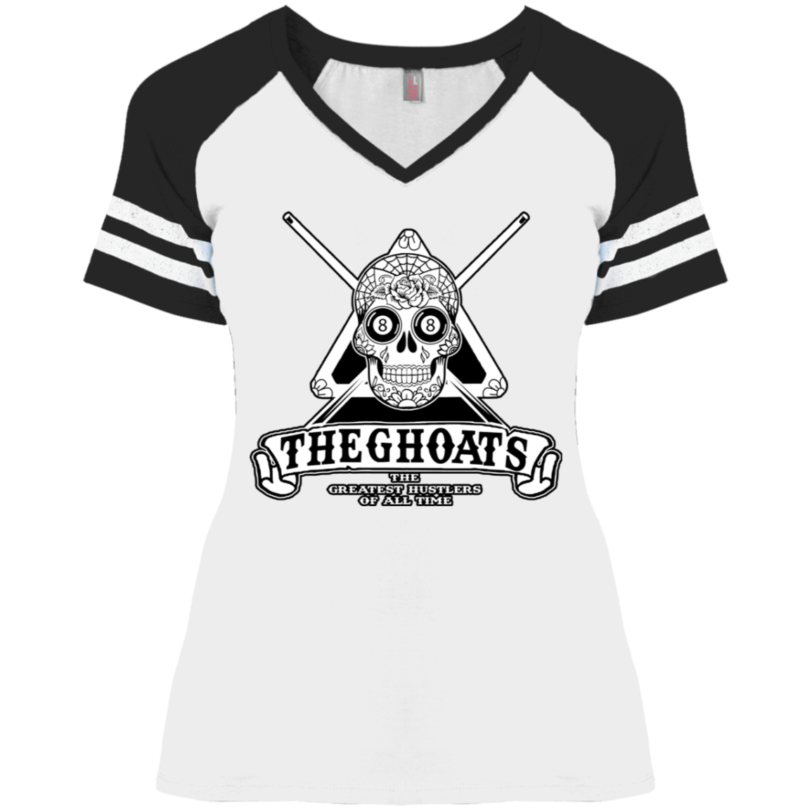 The GHOATS Custom Design #37. Sugar Skull Pool Theme. Ladies' Game V-Neck T-Shirt