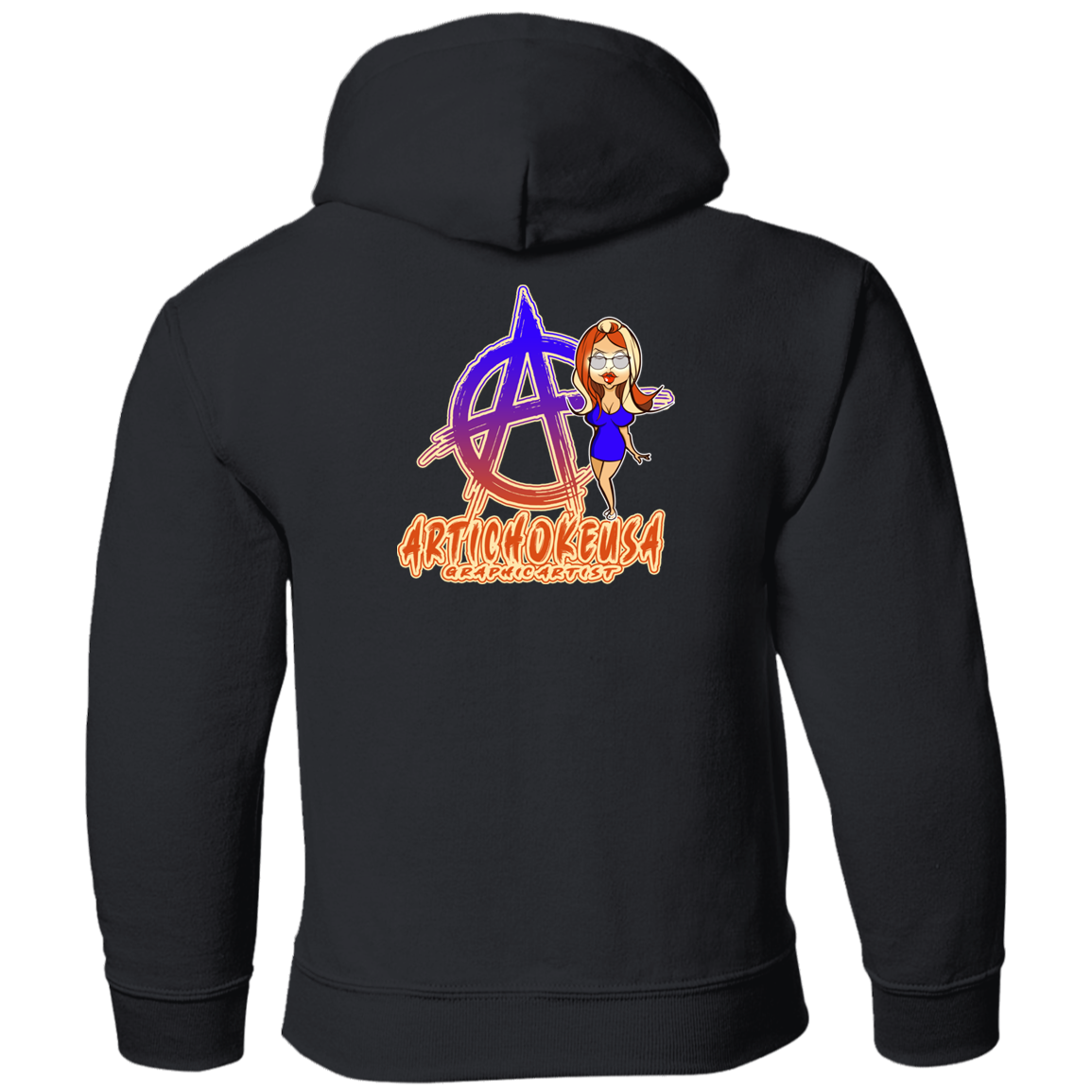 ArtichokeUSA Character and Font Design. Let’s Create Your Own Design Today. Blue Girl. Youth Hoodie