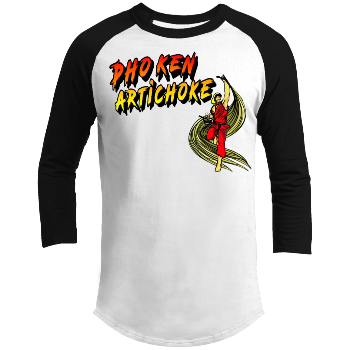ArtichokeUSA Custom Design. Pho Ken Artichoke. Street Fighter Parody. Gaming. 3/4 Raglan Sleeve Shirt