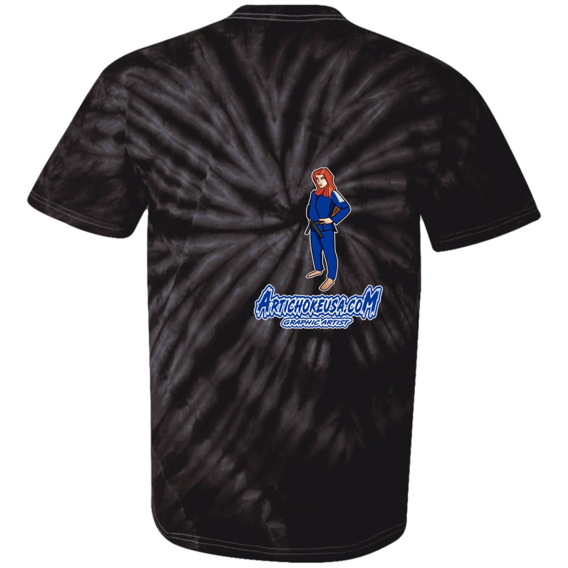ArtichokeUSA Character and Font design. Let's Create Your Own Team Design Today. Amber. 100% Cotton Tie Dye T-Shirt