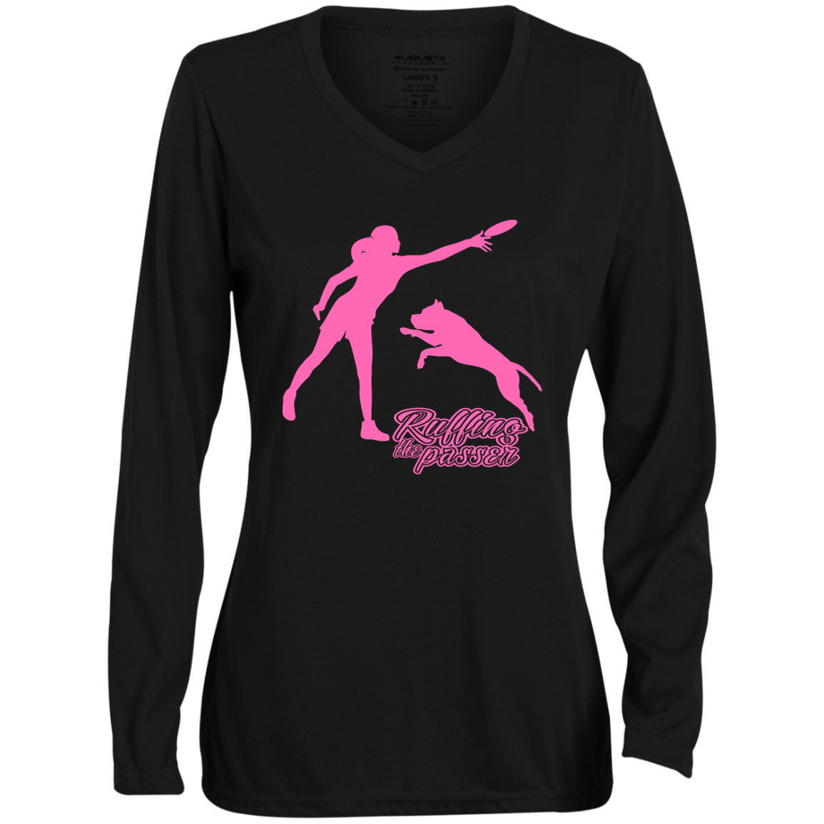 ArtichokeUSA Custom Design. Ruffing the Passer. Pitbull Edition. Female Version. Ladies' Moisture-Wicking Long Sleeve V-Neck Tee