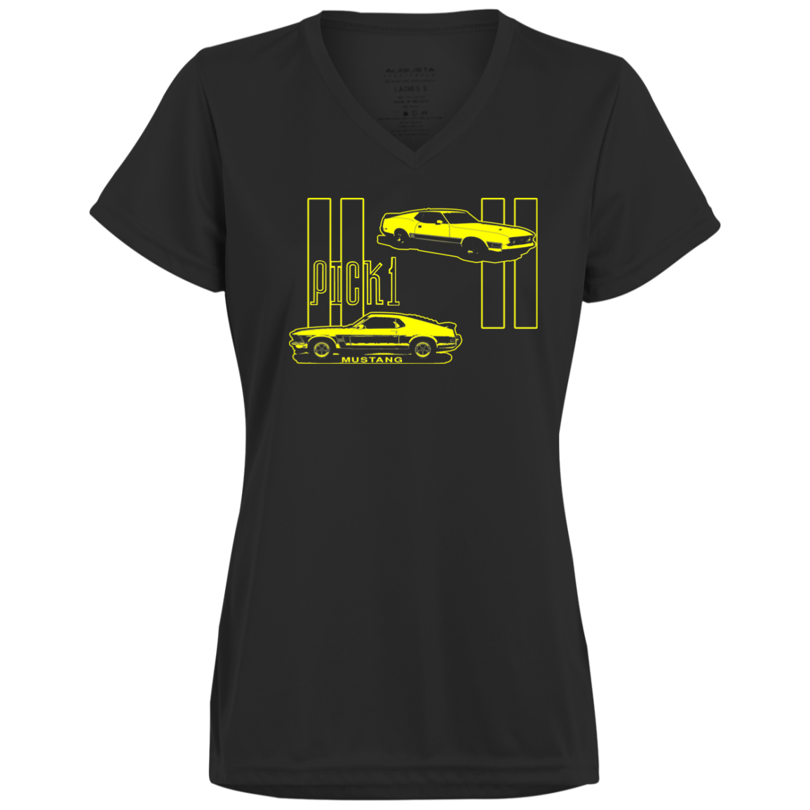 ArtichokeUSA Custom Design. Pick 1 Mustang. Mach 1 Mustang Parody. Cars. Ladies’ Moisture-Wicking V-Neck Tee