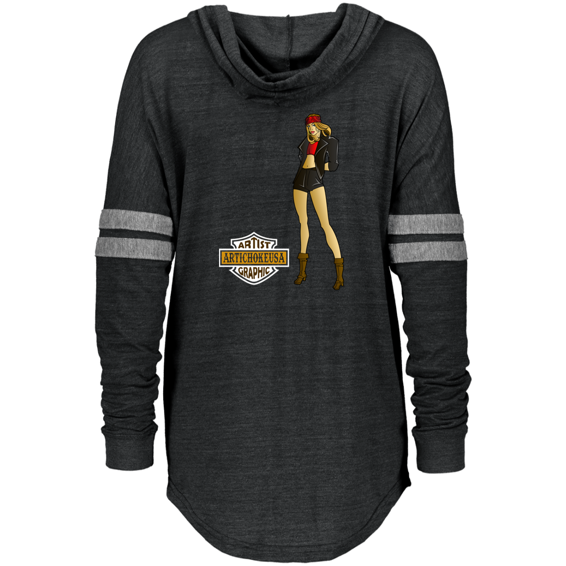 ArtichokeUSA Custom Design. Façade: (Noun) A false appearance that makes someone or something seem more pleasant or better than they really are. Ladies' Hooded Low Key Pullover