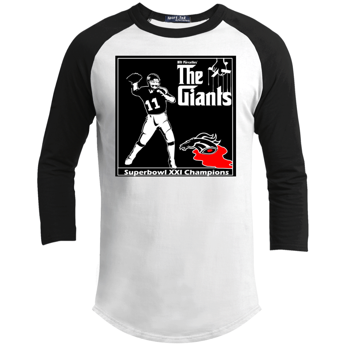 ArtichokeUSA Custom Design. Godfather Simms. NY Giants Superbowl XXI Champions. Fan Art. Youth 3/4 Raglan Sleeve Shirt