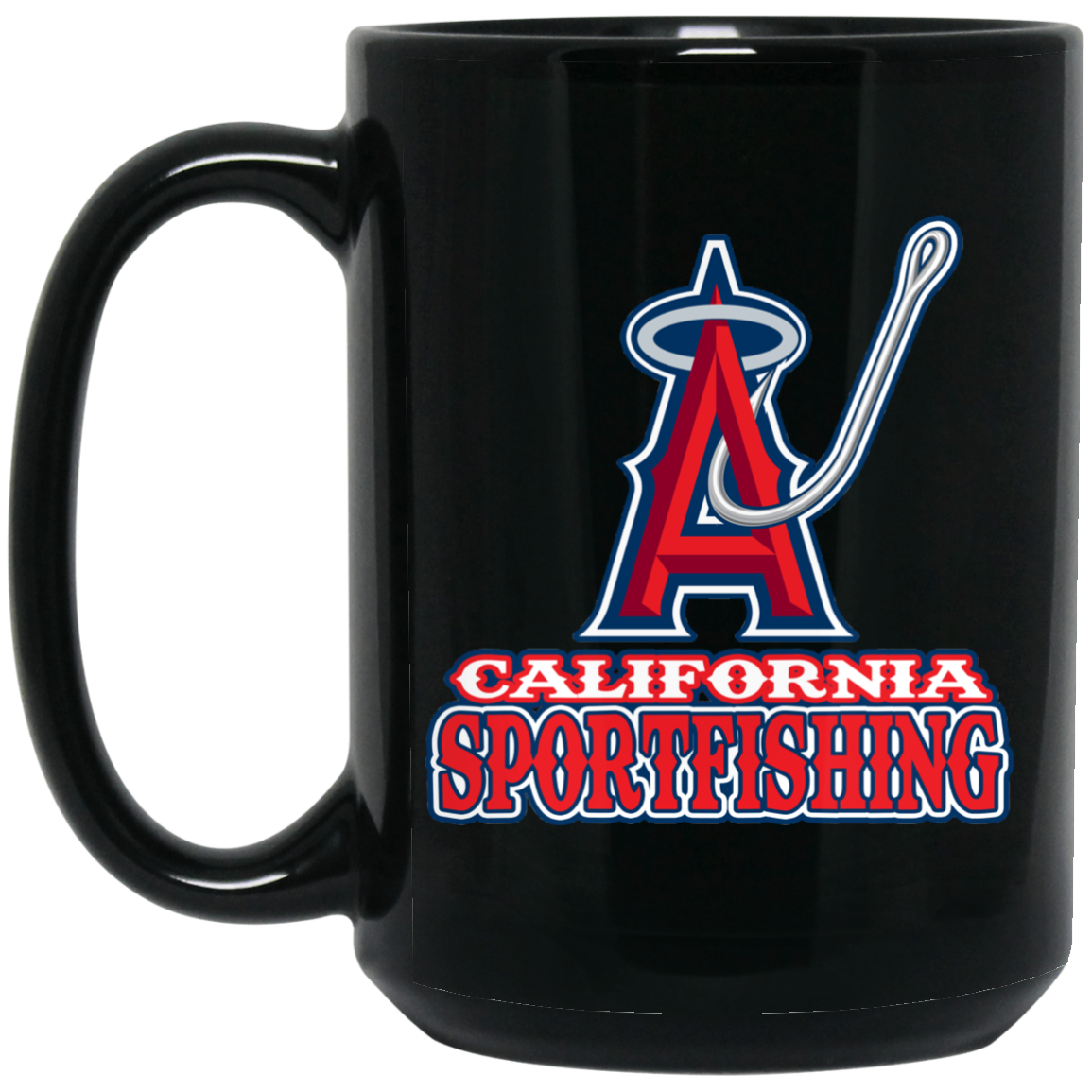 ArtichokeUSA Custom Design. Anglers. Southern California Sports Fishing. Los Angeles Angels Parody. 15 oz. Black Mug