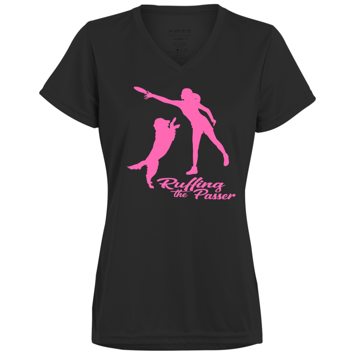 ArtichokeUSA Custom Design. Ruffing the Passer. Labrador Edition. Female Version. Ladies’ Moisture-Wicking V-Neck Tee