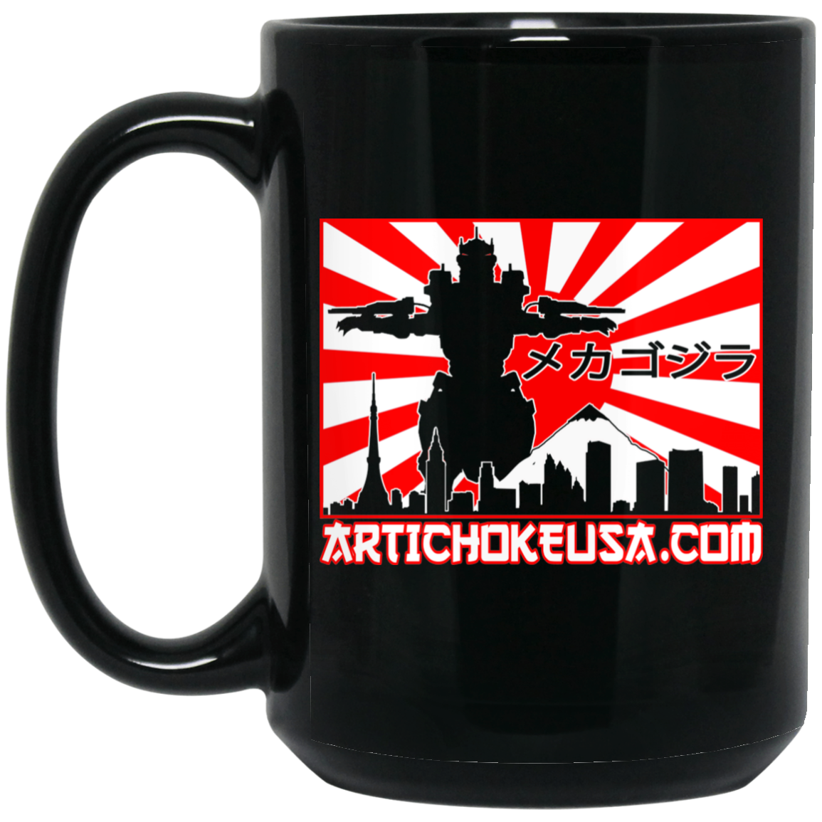ArtichokeUSA Custom Design. Fan Art Mechagodzilla/Godzilla. 15 oz. Black Mug